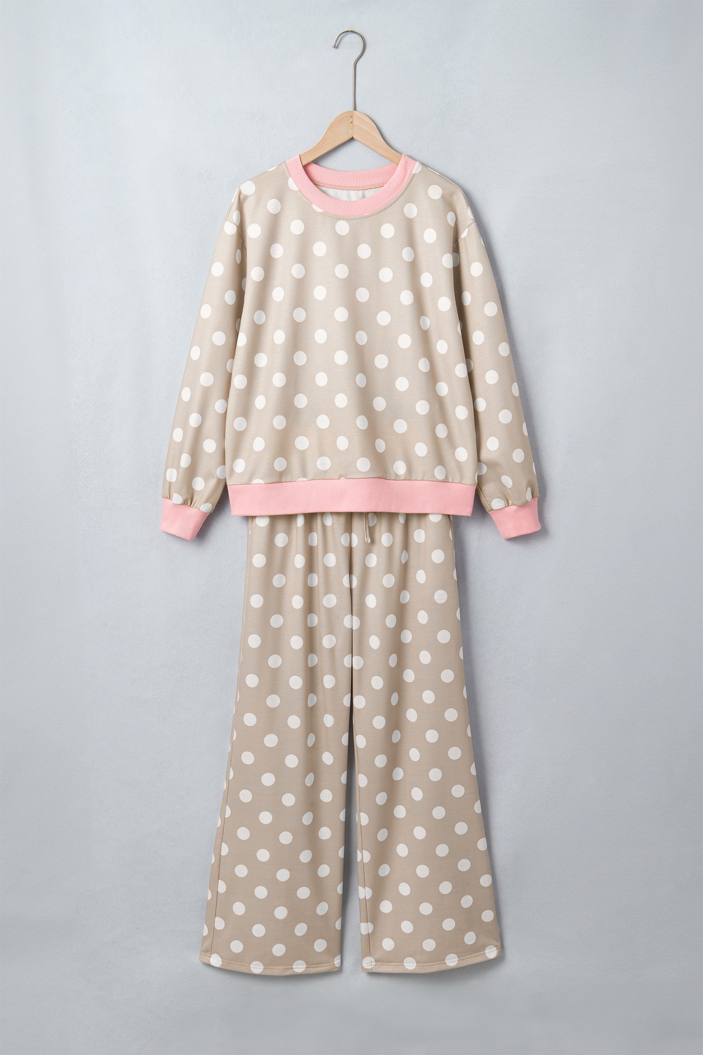 Khaki Polka Dot Contrast Trim Long Sleeve Top Drawstring Shift Pants Set-Two Piece Sets/Pant Sets-[Adult]-[Female]-2022 Online Blue Zone Planet