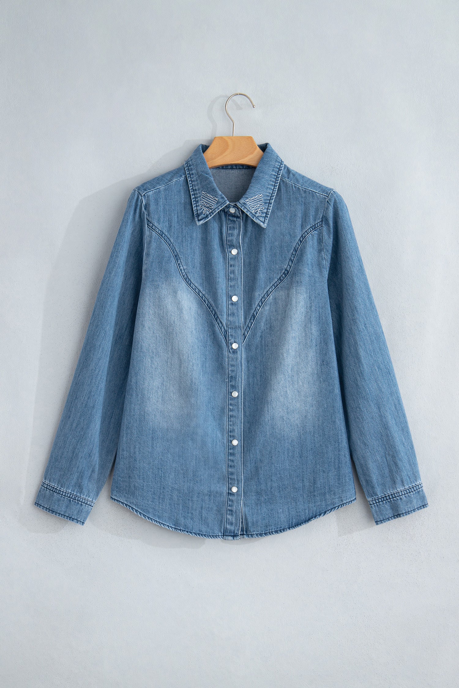 Myosotis Embroidered Western Detail Long Sleeve Collar Shirt-Tops/Blouses & Shirts-[Adult]-[Female]-2022 Online Blue Zone Planet
