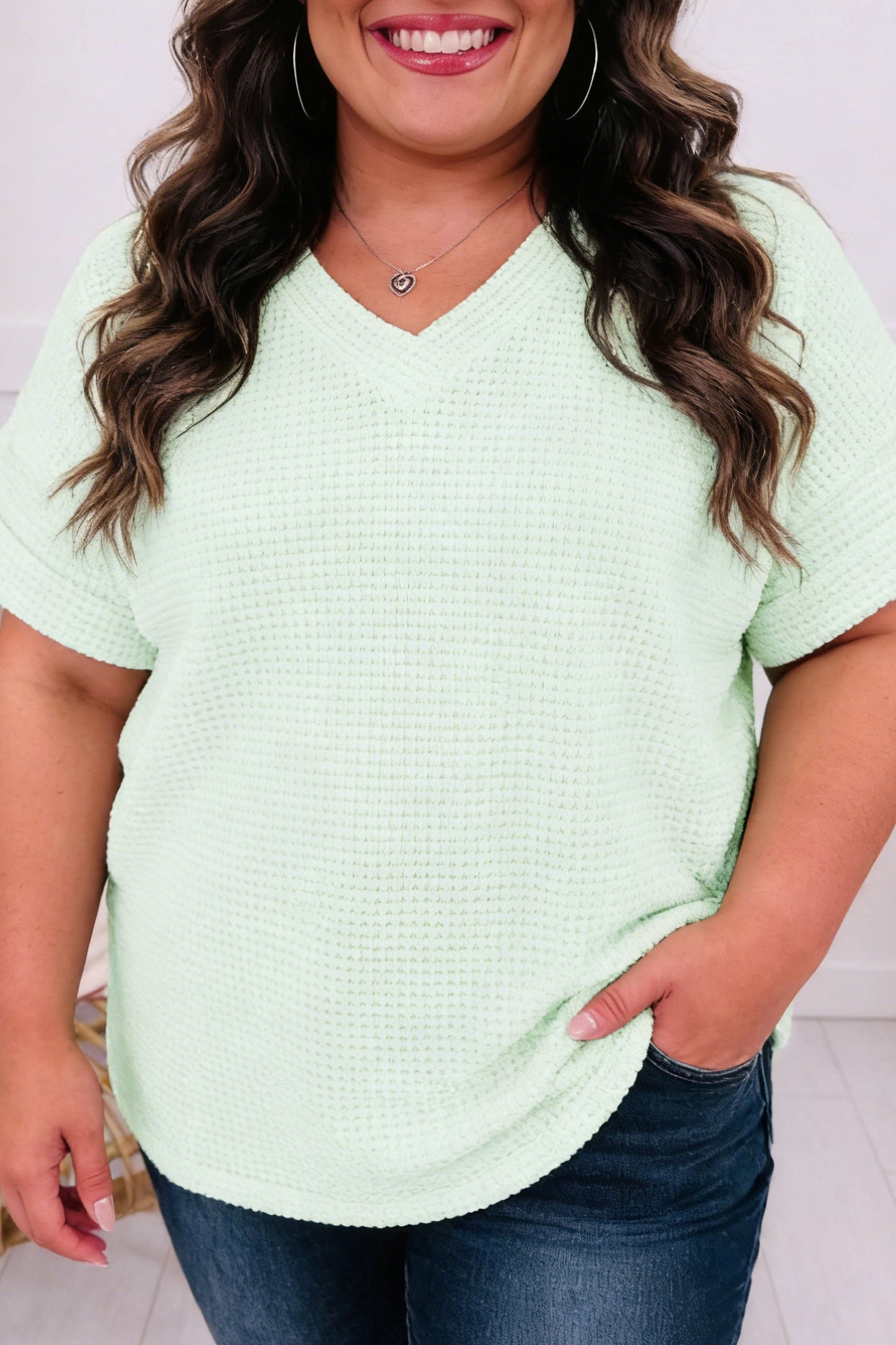 Wisteria V Neck Short Sleeve Plus Size Waffle Knit Top-Plus Size/Plus Size Tops/Plus Size Tops & Tees-[Adult]-[Female]-Clearly Aqua-1X-2022 Online Blue Zone Planet