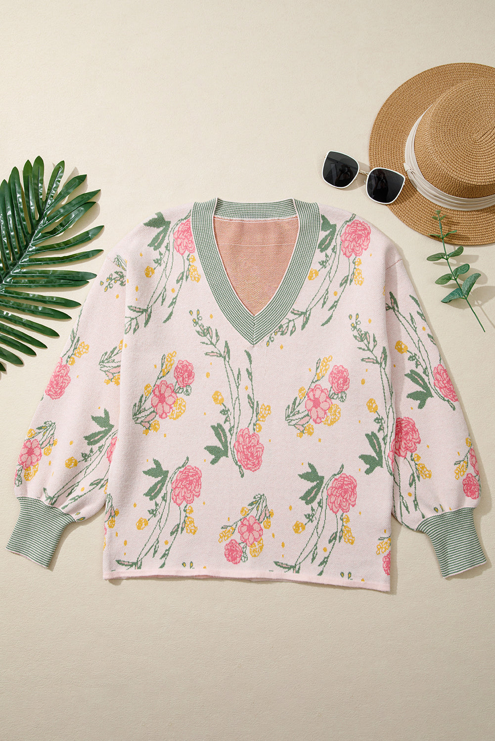 Pink Floral Pattern Striped V Neck Loose Sweater-TOPS / DRESSES-[Adult]-[Female]-2022 Online Blue Zone Planet