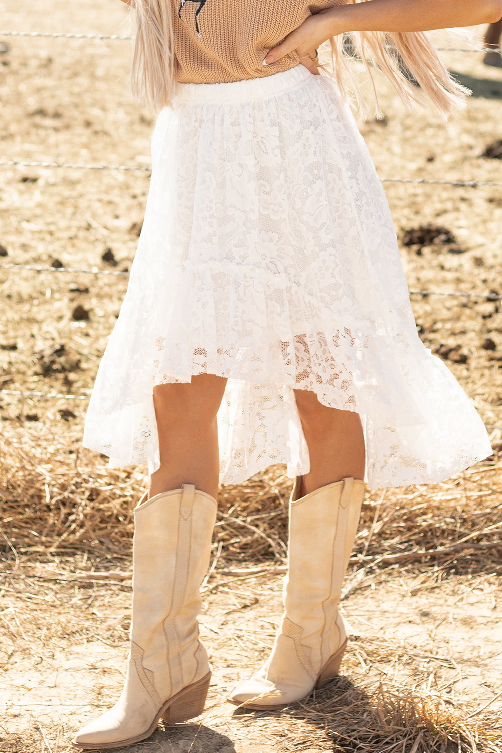 White Lace Ruffled High-low Hem Midi Skirt-Bottoms/Skirts & Petticoat-[Adult]-[Female]-2022 Online Blue Zone Planet