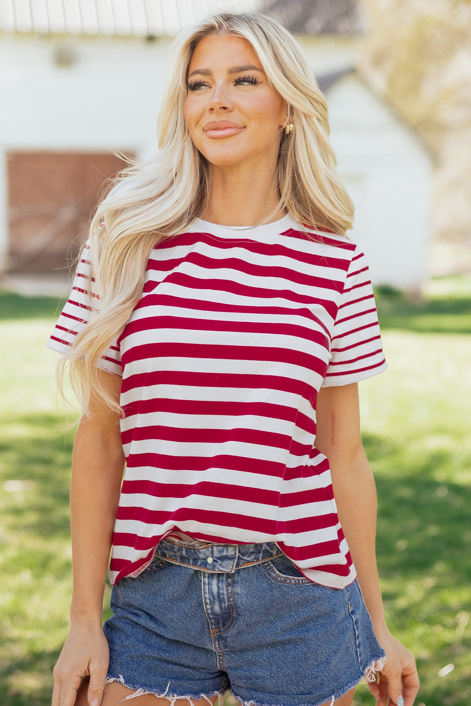 Red Stripe Patchwork Round Neck T Shirt-Tops/Tops & Tees-[Adult]-[Female]-2022 Online Blue Zone Planet