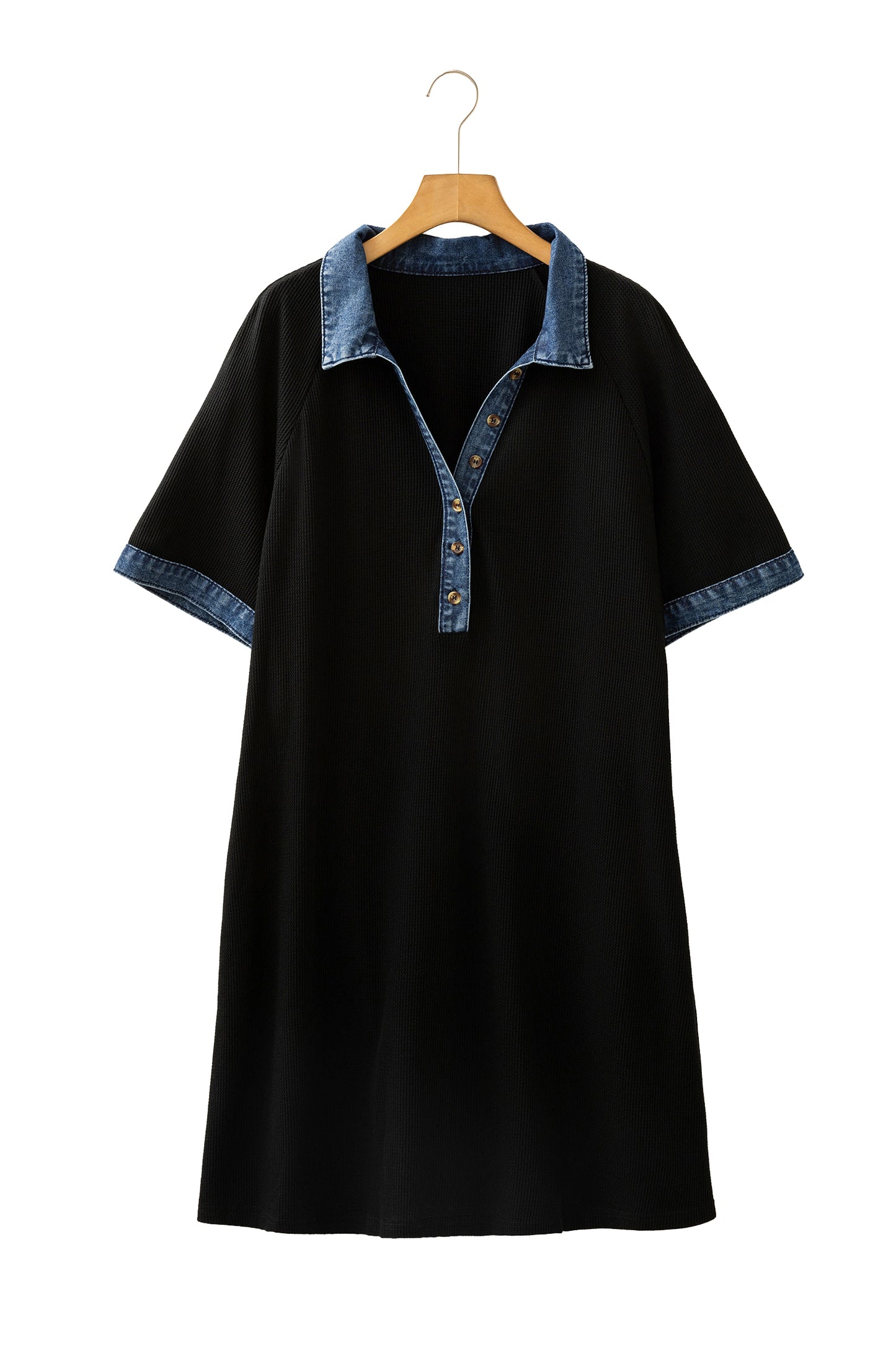 Black Colorblock Denim Collar Short Sleeve Plus Size Shift Dress-TOPS / DRESSES-[Adult]-[Female]-2022 Online Blue Zone Planet