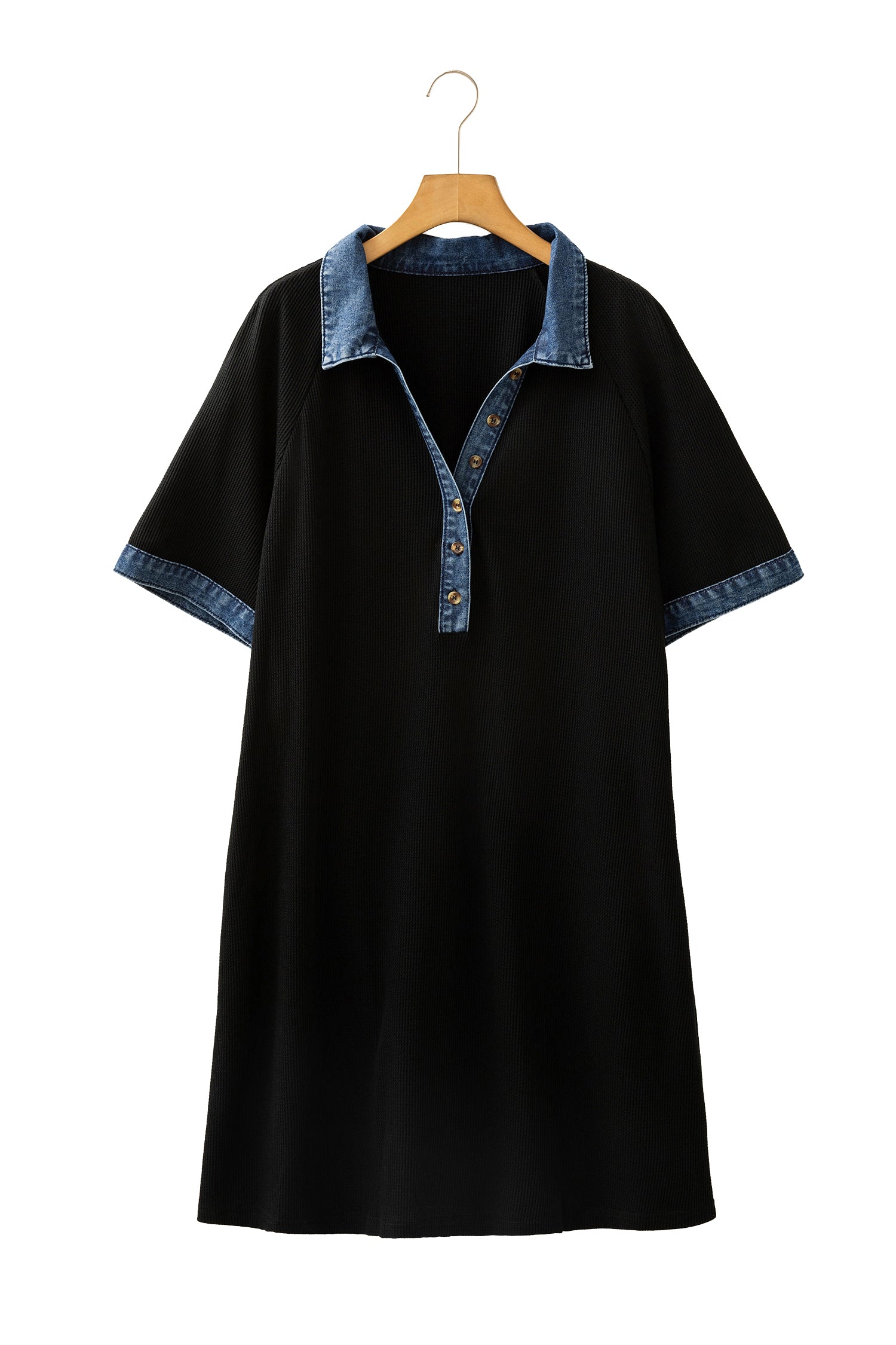 Black Colorblock Denim Collar Short Sleeve Plus Size Shift Dress-TOPS / DRESSES-[Adult]-[Female]-2022 Online Blue Zone Planet