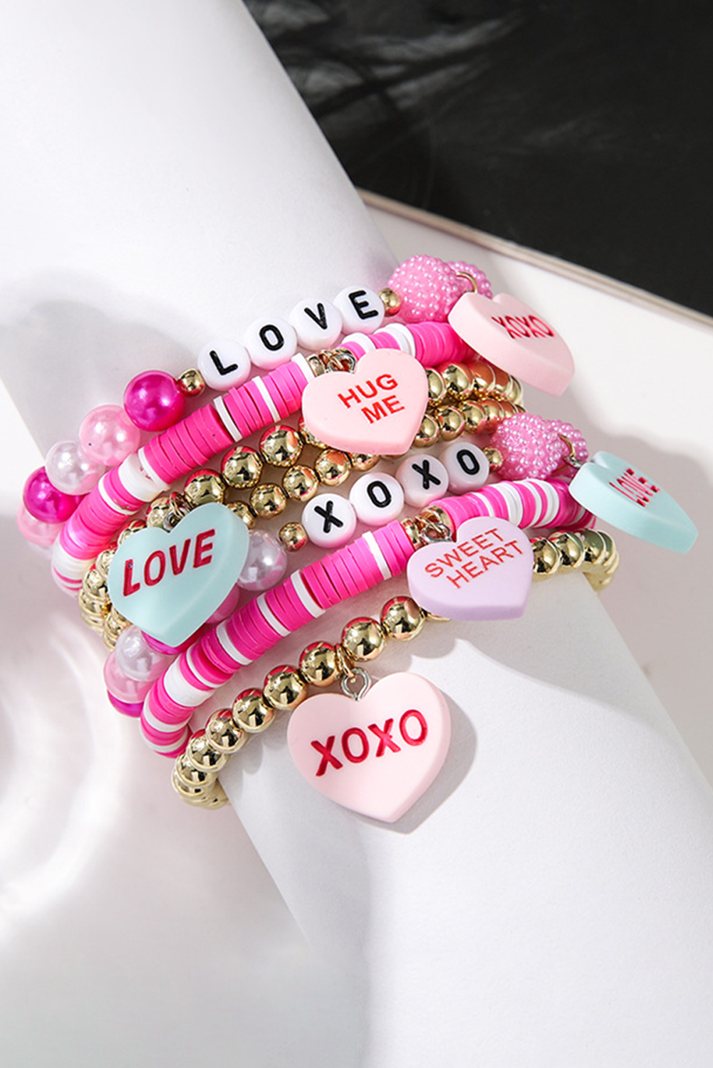 Bonbon Letter Print Heart Beaded Valentines Bracelet-Bracelets-[Adult]-[Female]-Bonbon-ONE SIZE-2022 Online Blue Zone Planet