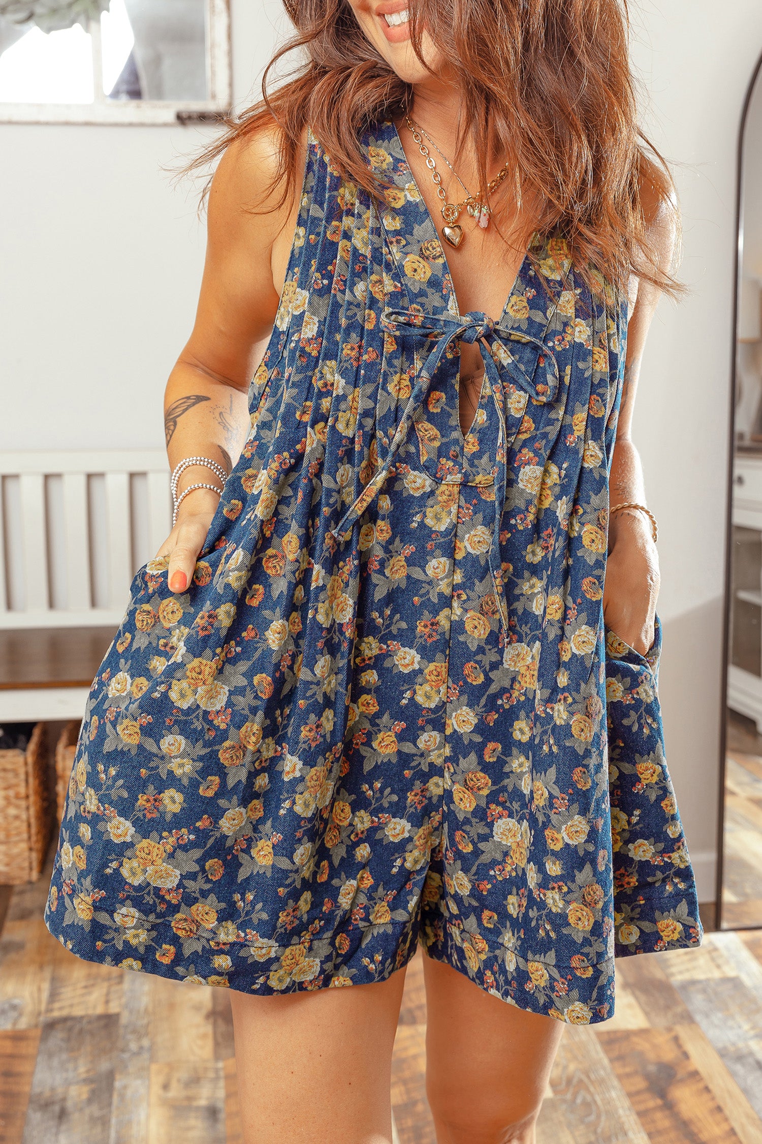 Blue Retro Floral Print Bow Tie V Neck Sleeveless Pleated Loose Denim Romper-Bottoms/Jumpsuits & Rompers-[Adult]-[Female]-2022 Online Blue Zone Planet