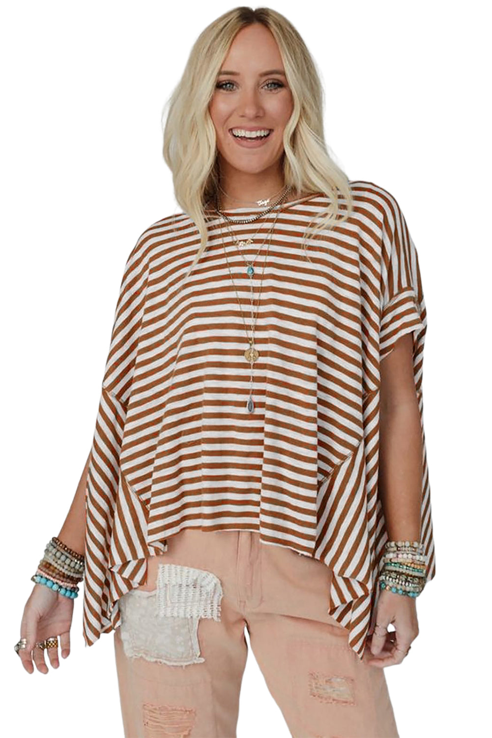 Khaki Striped Batwing Sleeve Oversized Top-Oversized T Shirt-[Adult]-[Female]-2022 Online Blue Zone Planet