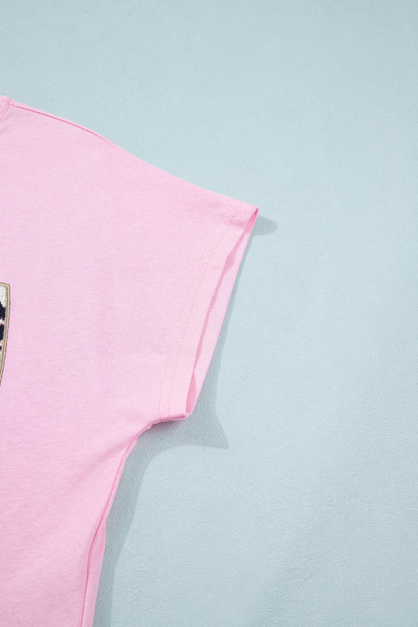 Pink Leopard Bow Embroidered Cotton Round Neck T Shirt-Tops/Tops & Tees-[Adult]-[Female]-2022 Online Blue Zone Planet
