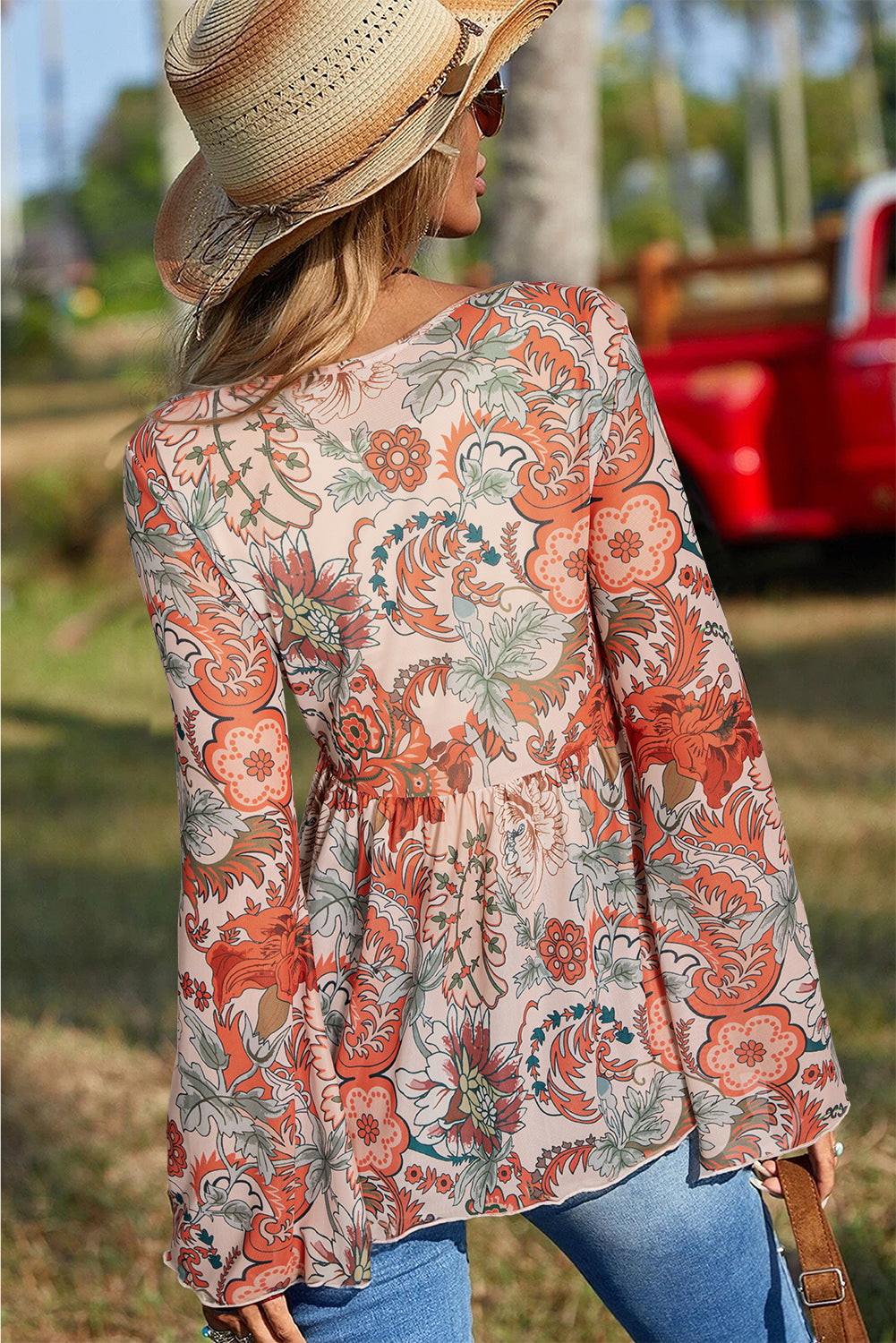 Orange Floral Bell Sleeve Pleated Blouse-Blouses-[Adult]-[Female]-2022 Online Blue Zone Planet