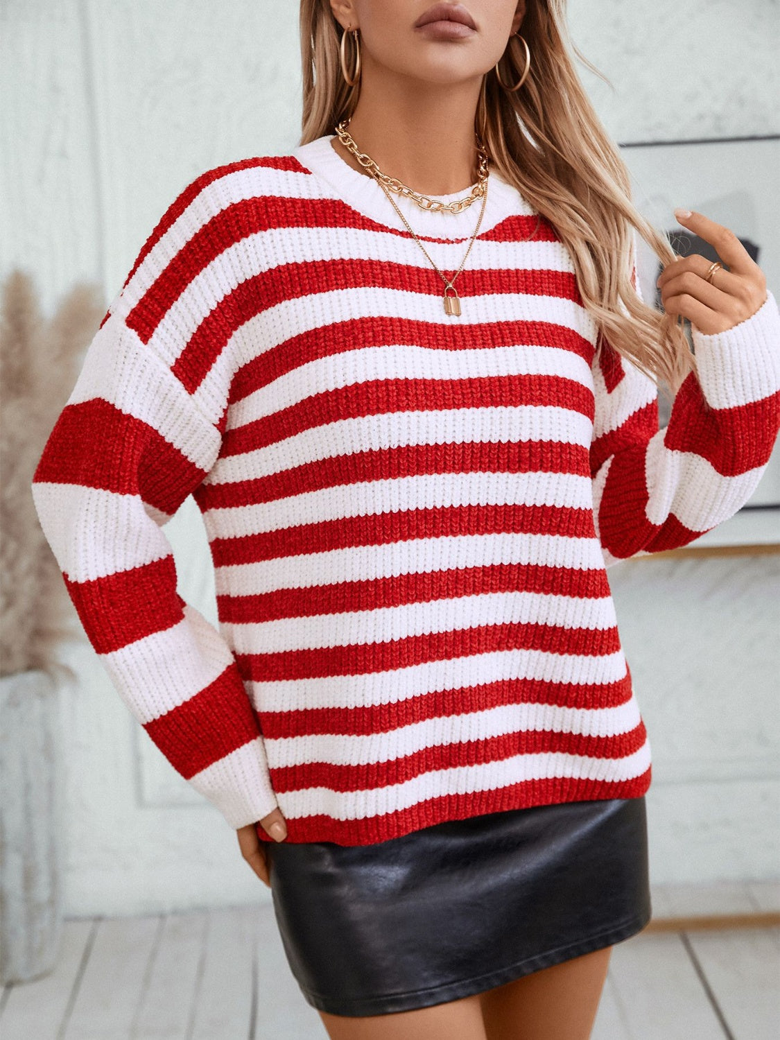 Striped Round Neck Long Sleeve Sweater-TOPS / DRESSES-[Adult]-[Female]-2022 Online Blue Zone Planet