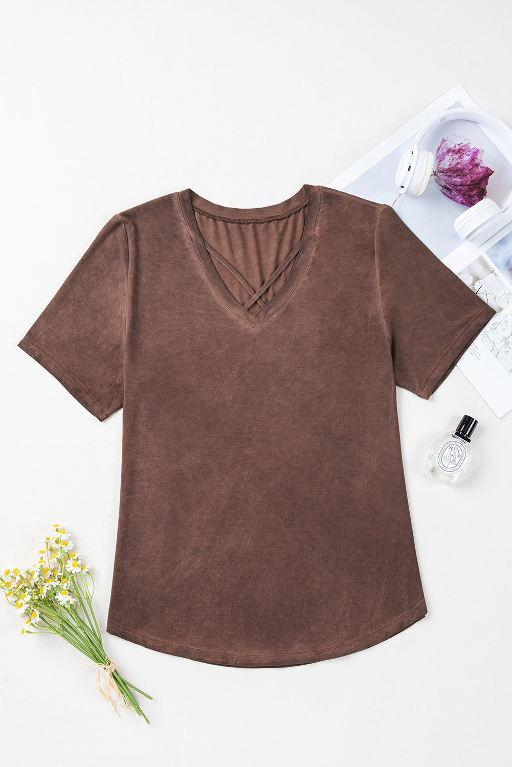 Chestnut Mineral Wash Criss Cross V Neck Casual T Shirt-Tops/Tops & Tees-[Adult]-[Female]-2022 Online Blue Zone Planet