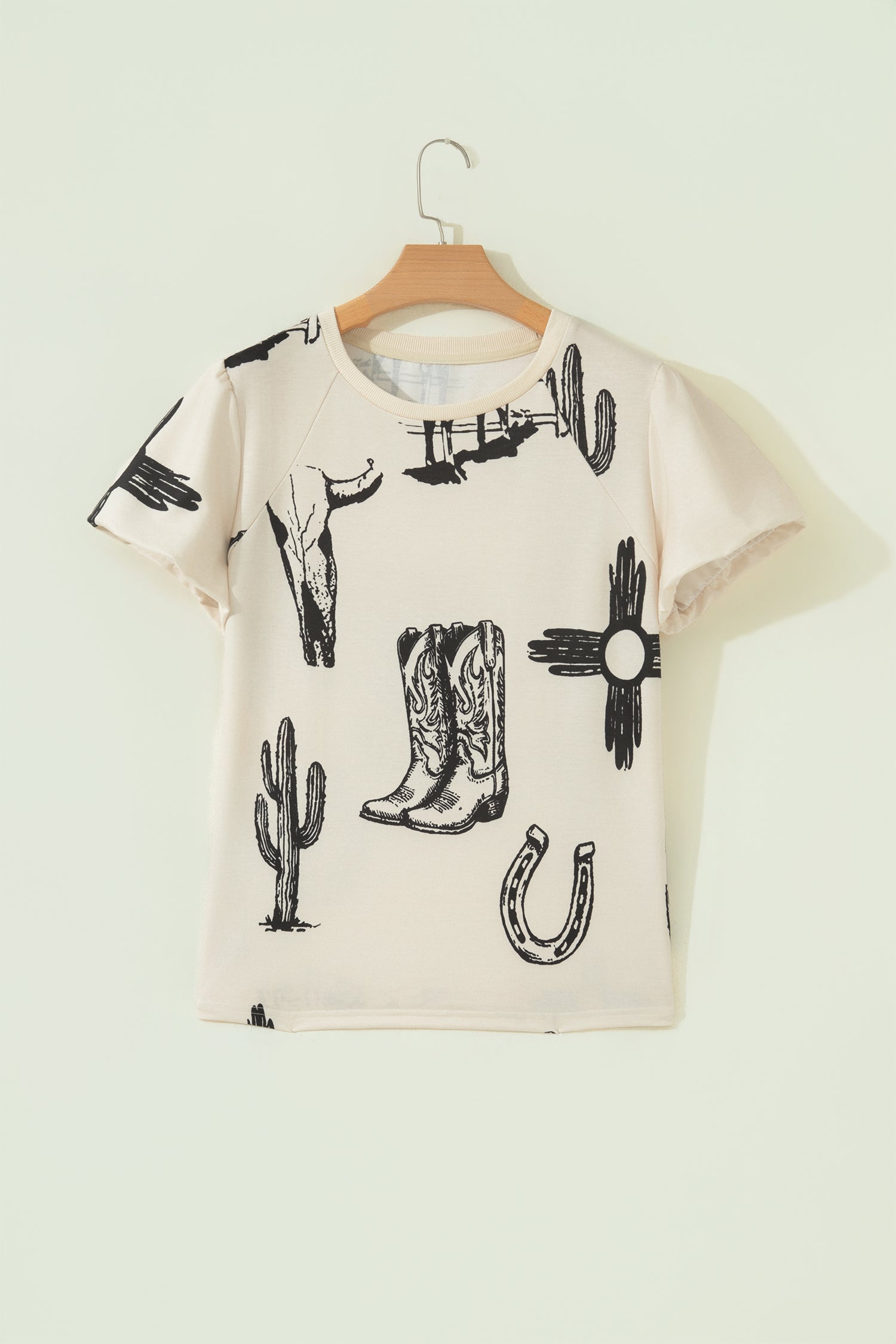 Beige Retro Western Print T Shirt-Tops/Tops & Tees-[Adult]-[Female]-2022 Online Blue Zone Planet