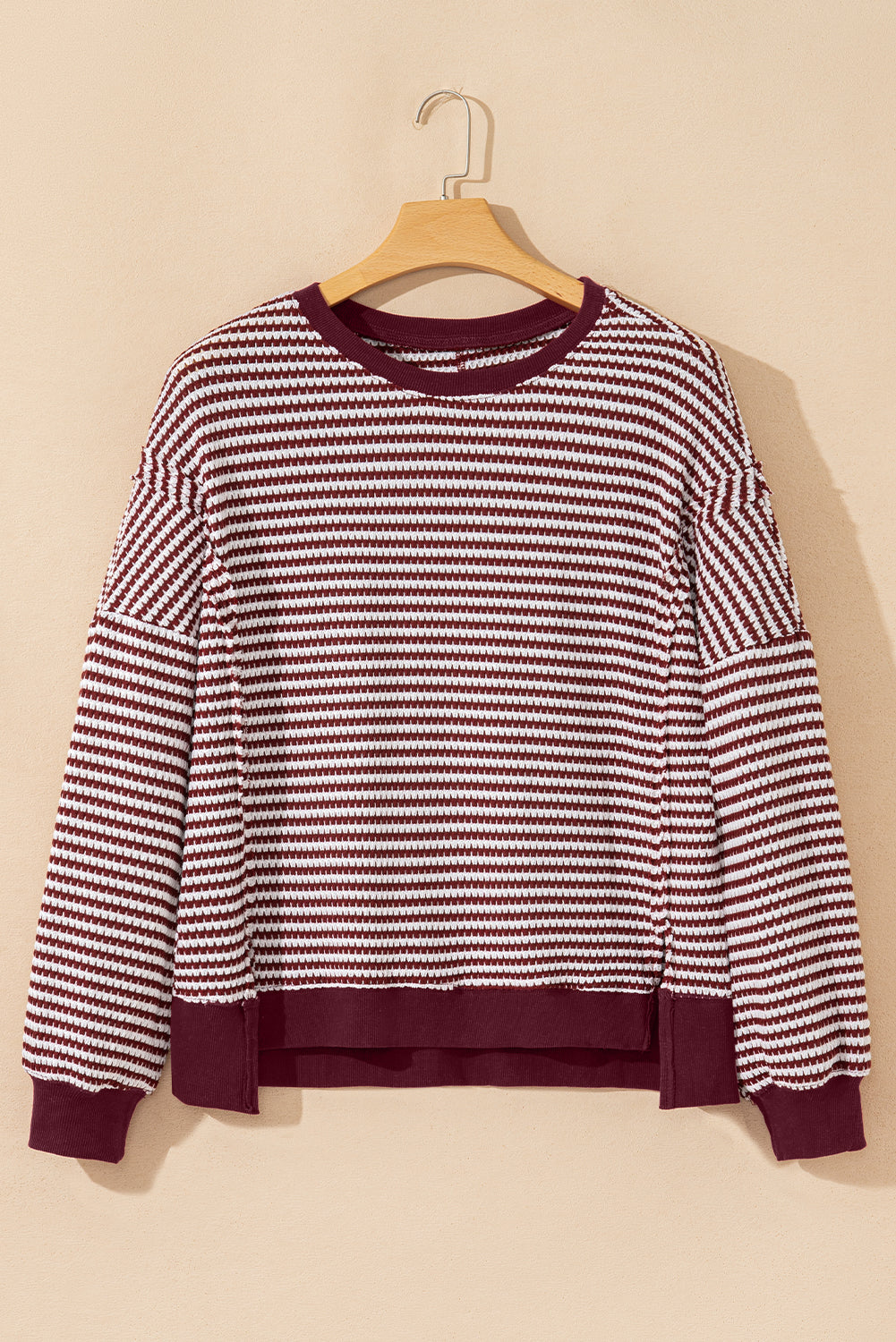 Red Stripe Ribbed Trim Drop Shoulder Long Sleeve Oversize Top-Tops/Long Sleeve Tops-[Adult]-[Female]-2022 Online Blue Zone Planet