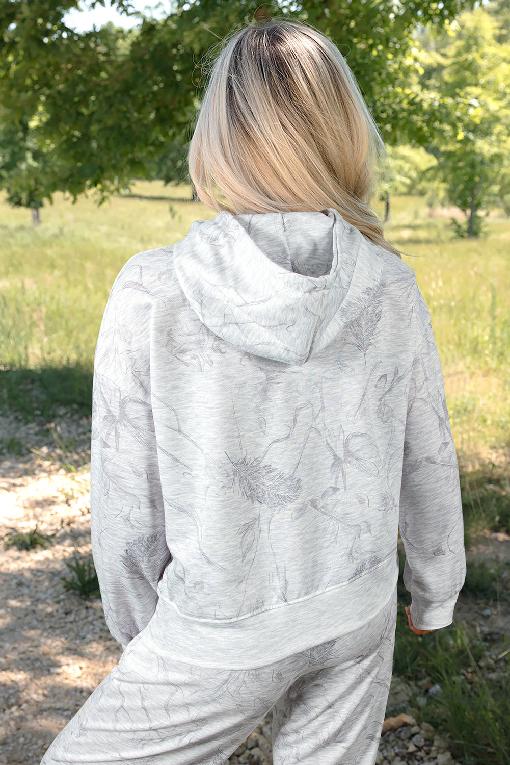 Light Grey Abstract Print Loose Drop Sleeve Hoodie Elastic Waistband 2pcs Pant Set-Tops / Dresses-[Adult]-[Female]-2022 Online Blue Zone Planet