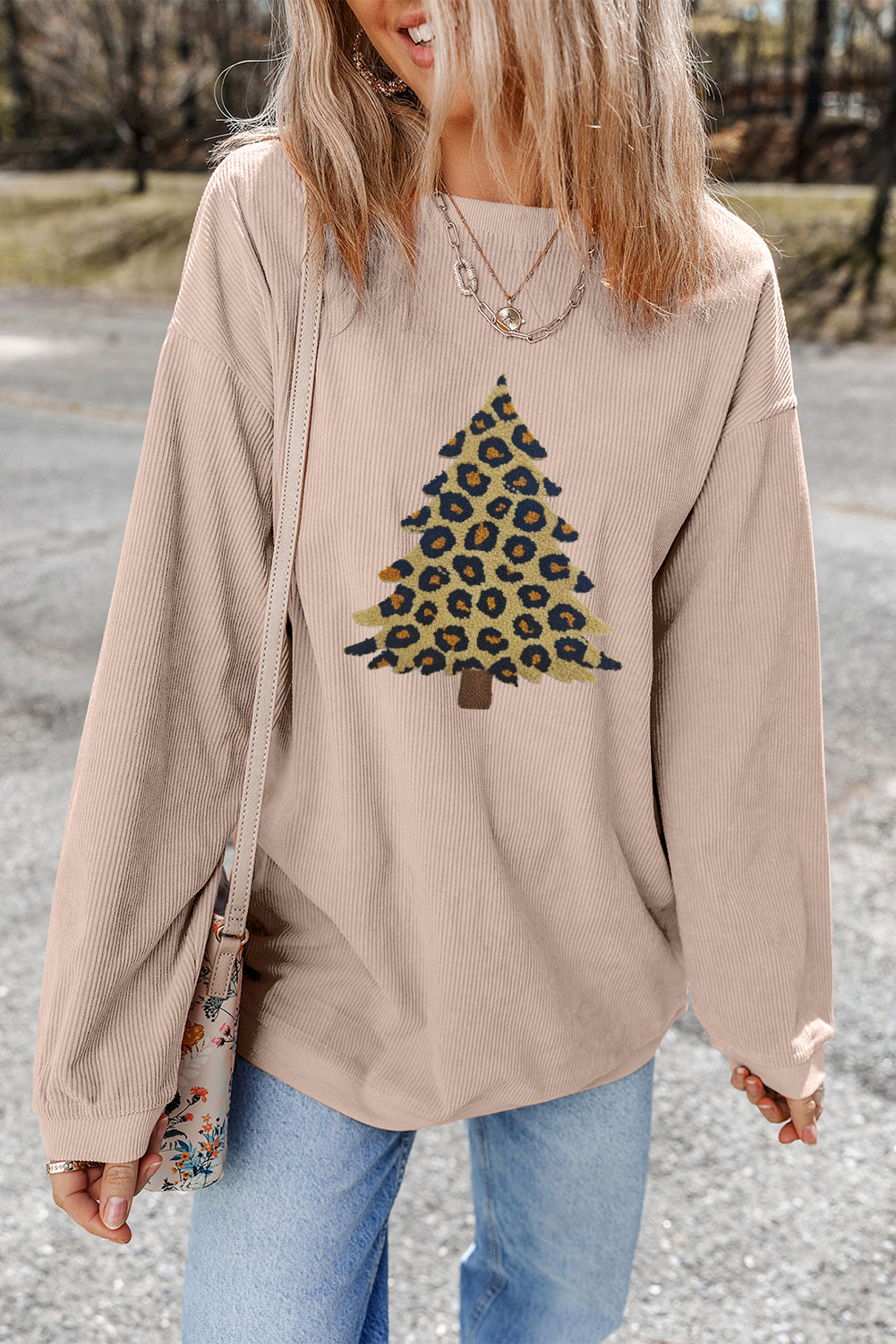 Apricot Leopard Christmas Tree Graphic Corded Sweatshirt-Graphic/Graphic Sweatshirts-[Adult]-[Female]-2022 Online Blue Zone Planet