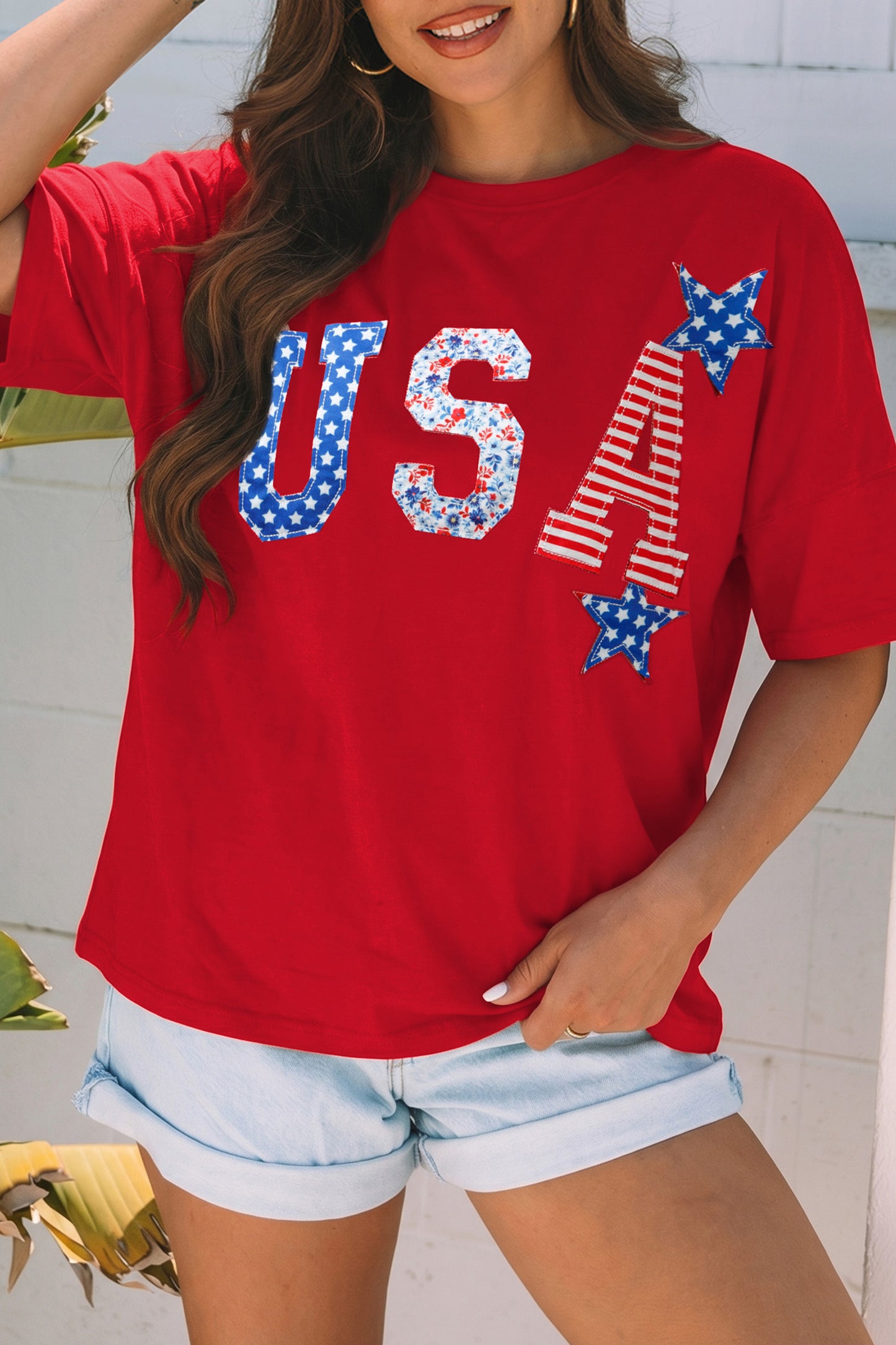 Fiery Red Patriotic Usa Slogan Patch Embroidery Short Sleeve T Shirt-Tops/Tops & Tees-[Adult]-[Female]-Fiery Red-S-2022 Online Blue Zone Planet