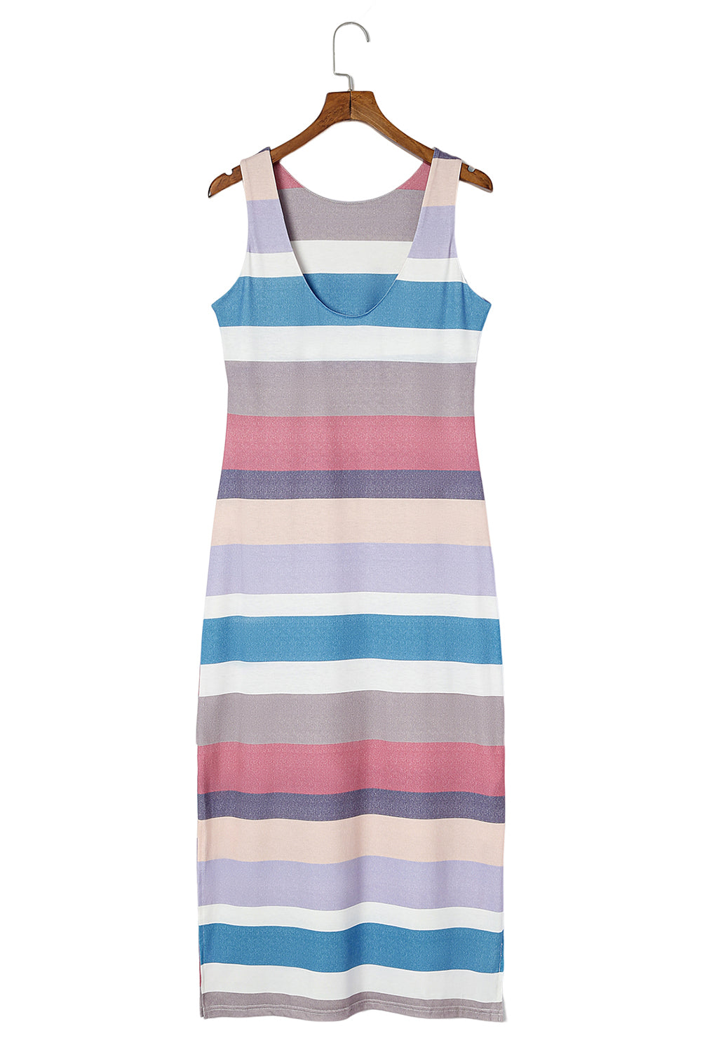 Multicolor Stripe Print Slit Maxi Tank Top Dress Blue Zone Planet