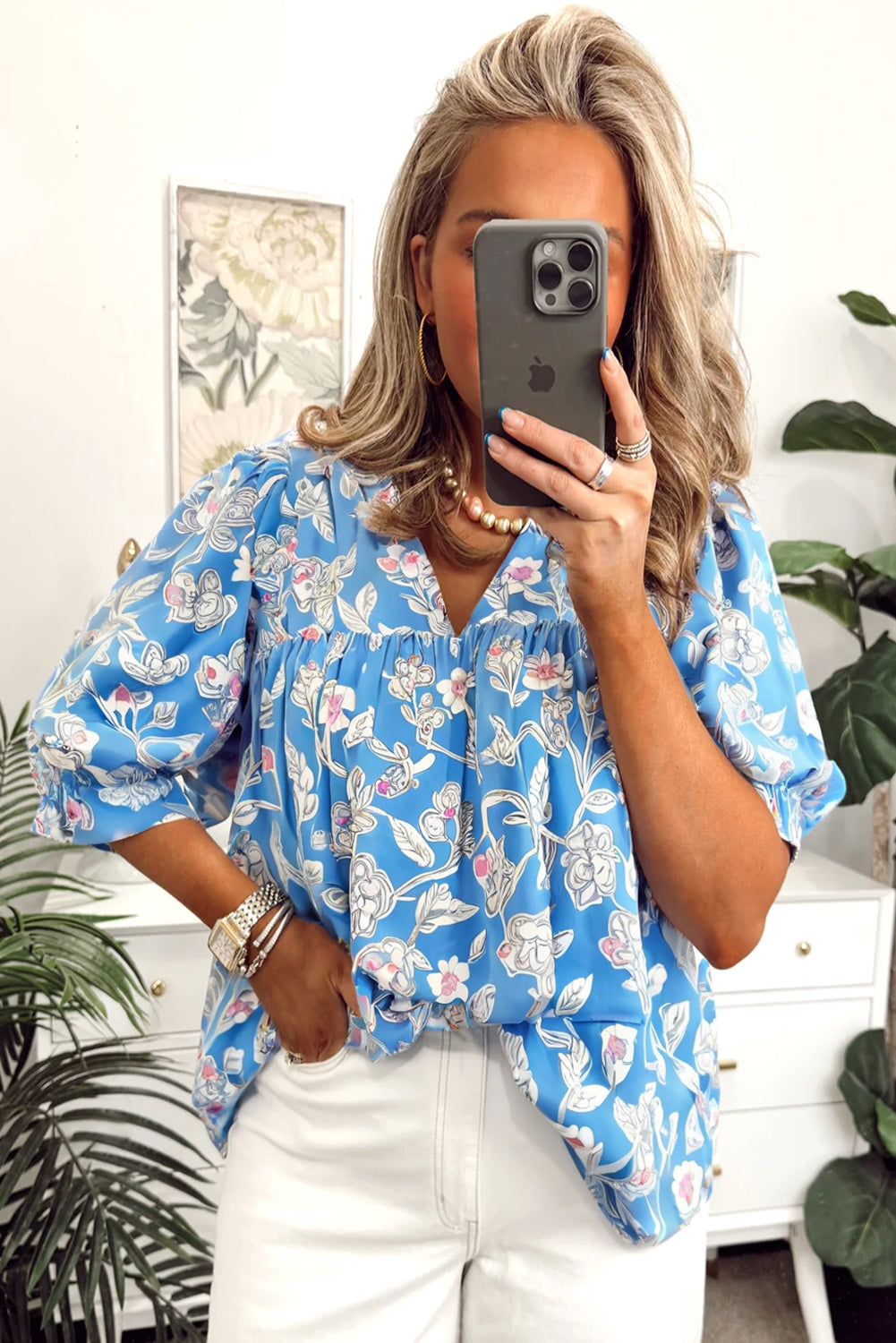 Sky Blue V Neck Floral Print 3/4 Puff Sleeve Blouse-Tops/Blouses & Shirts-[Adult]-[Female]-2022 Online Blue Zone Planet