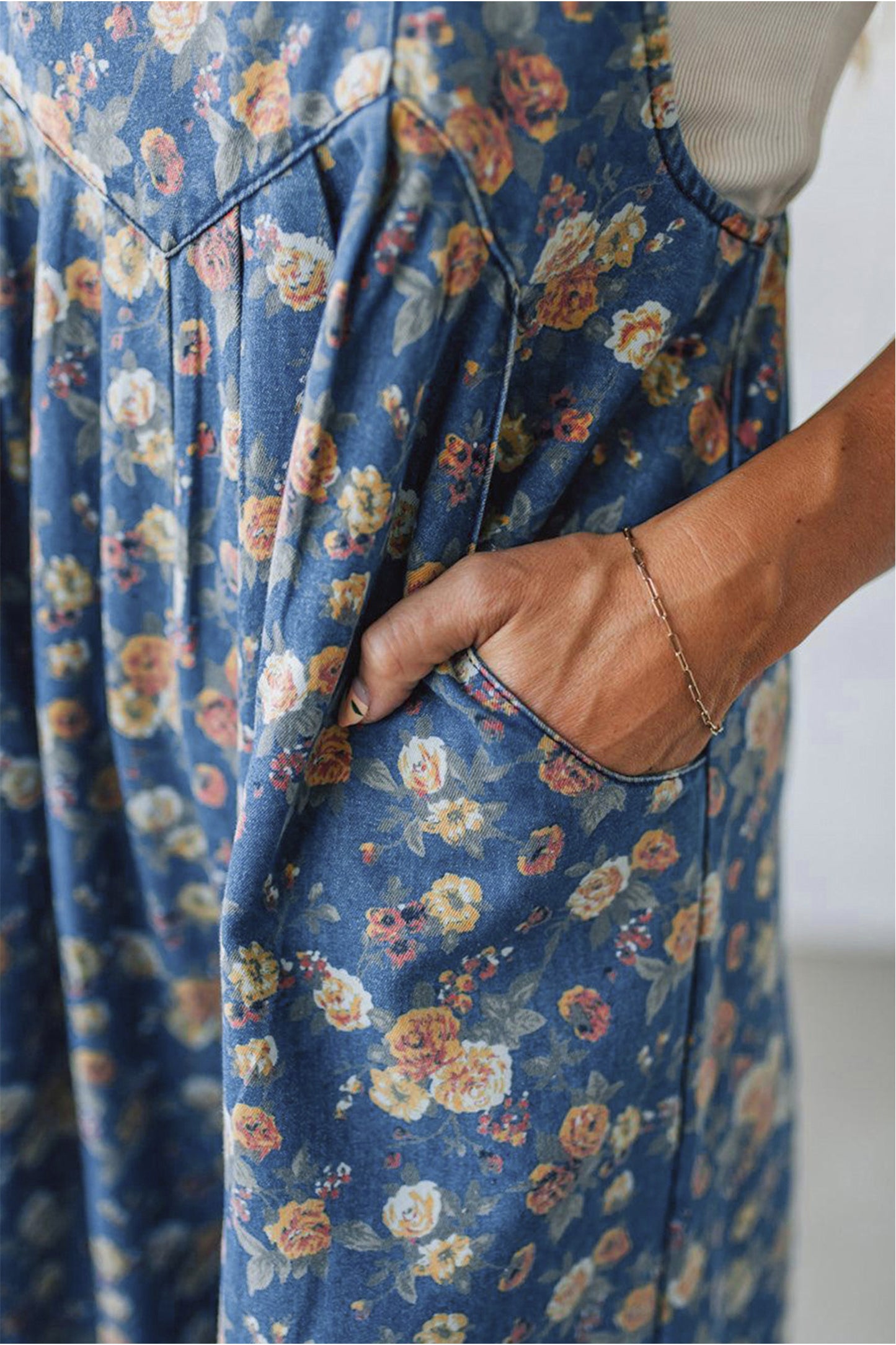Blue Vintage Rose Printed Pleated Loose Denim Overall Jumpsuit-Bottoms/Jumpsuits & Rompers-[Adult]-[Female]-2022 Online Blue Zone Planet