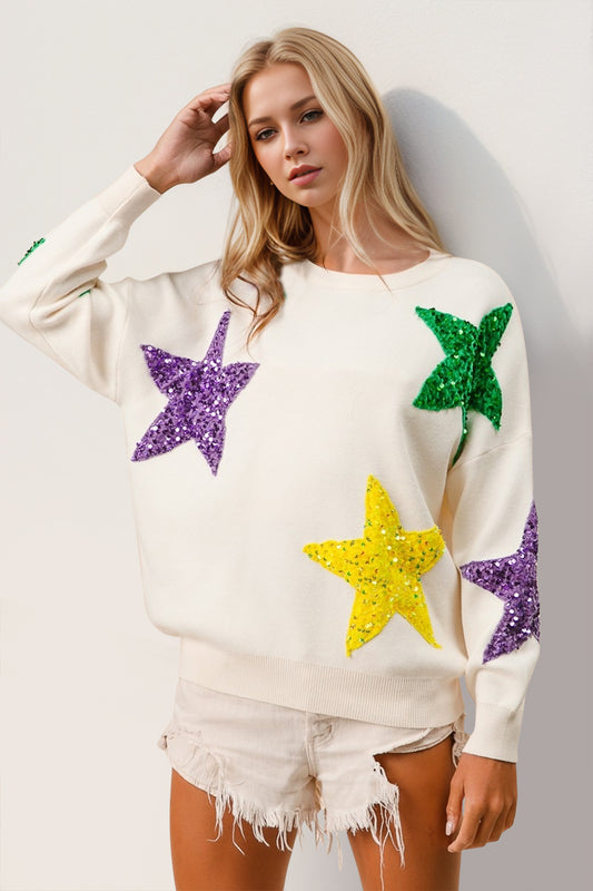 Double Take Sequin Star Round Neck Dropped Shoulder Sweater-TOPS / DRESSES-[Adult]-[Female]-White-S-2022 Online Blue Zone Planet