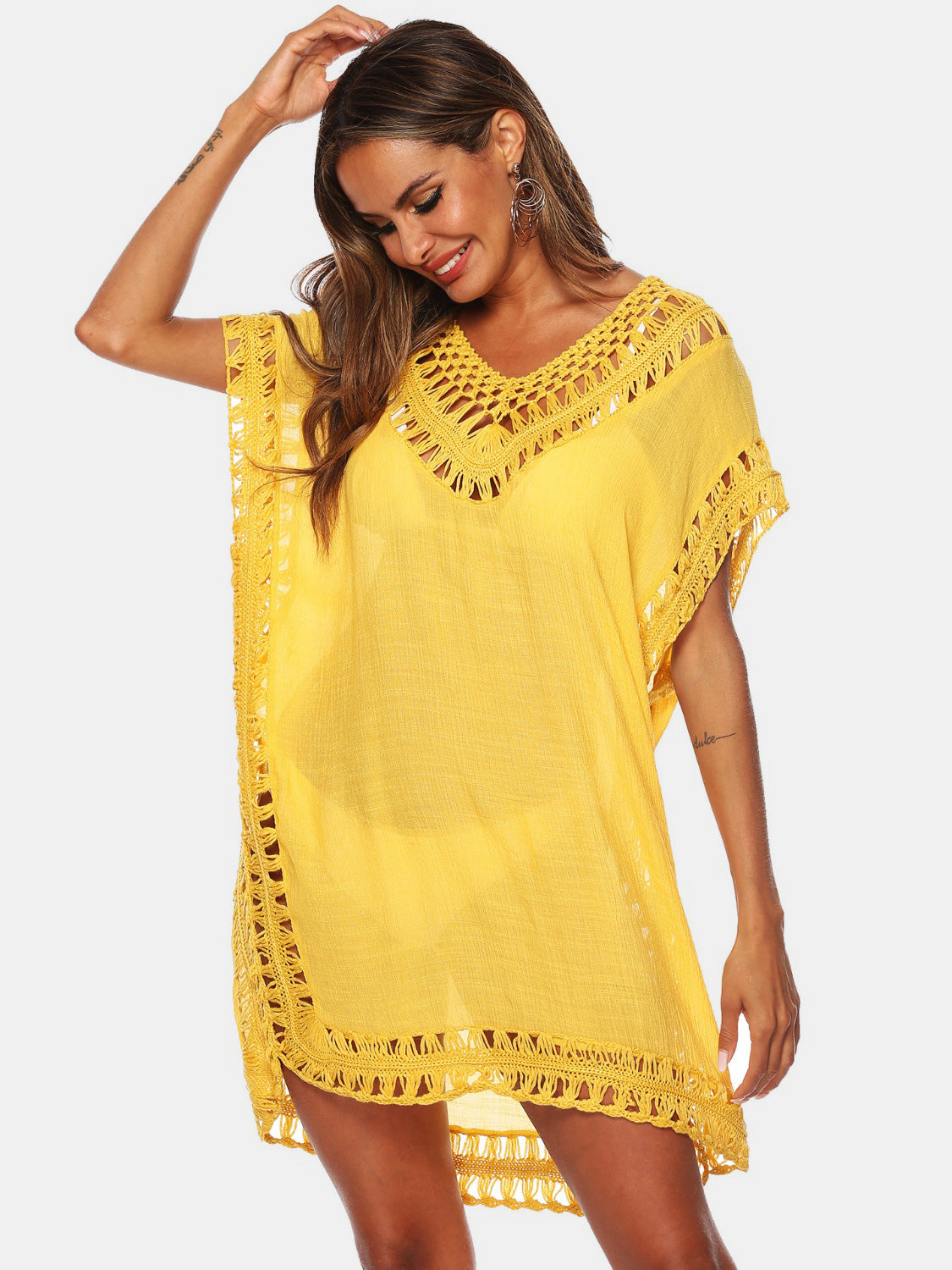 Cutout V-Neck Short Sleeve Cover-Up-TOPS / DRESSES-[Adult]-[Female]-Yellow-One Size-2022 Online Blue Zone Planet