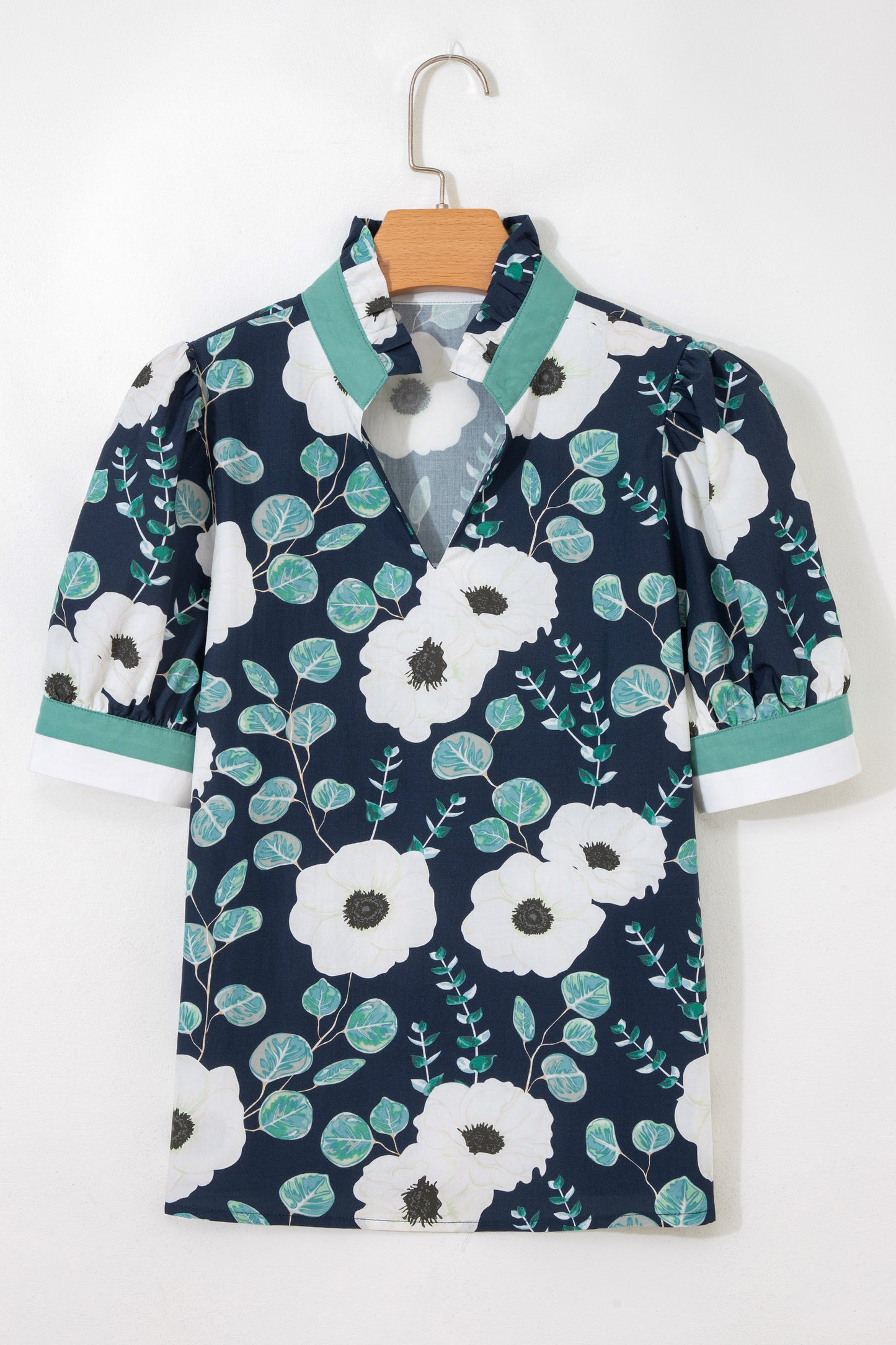 Blue Floral Print Striped Patchwork V Neck Short Sleeve Blouse-Tops/Blouses & Shirts-[Adult]-[Female]-2022 Online Blue Zone Planet