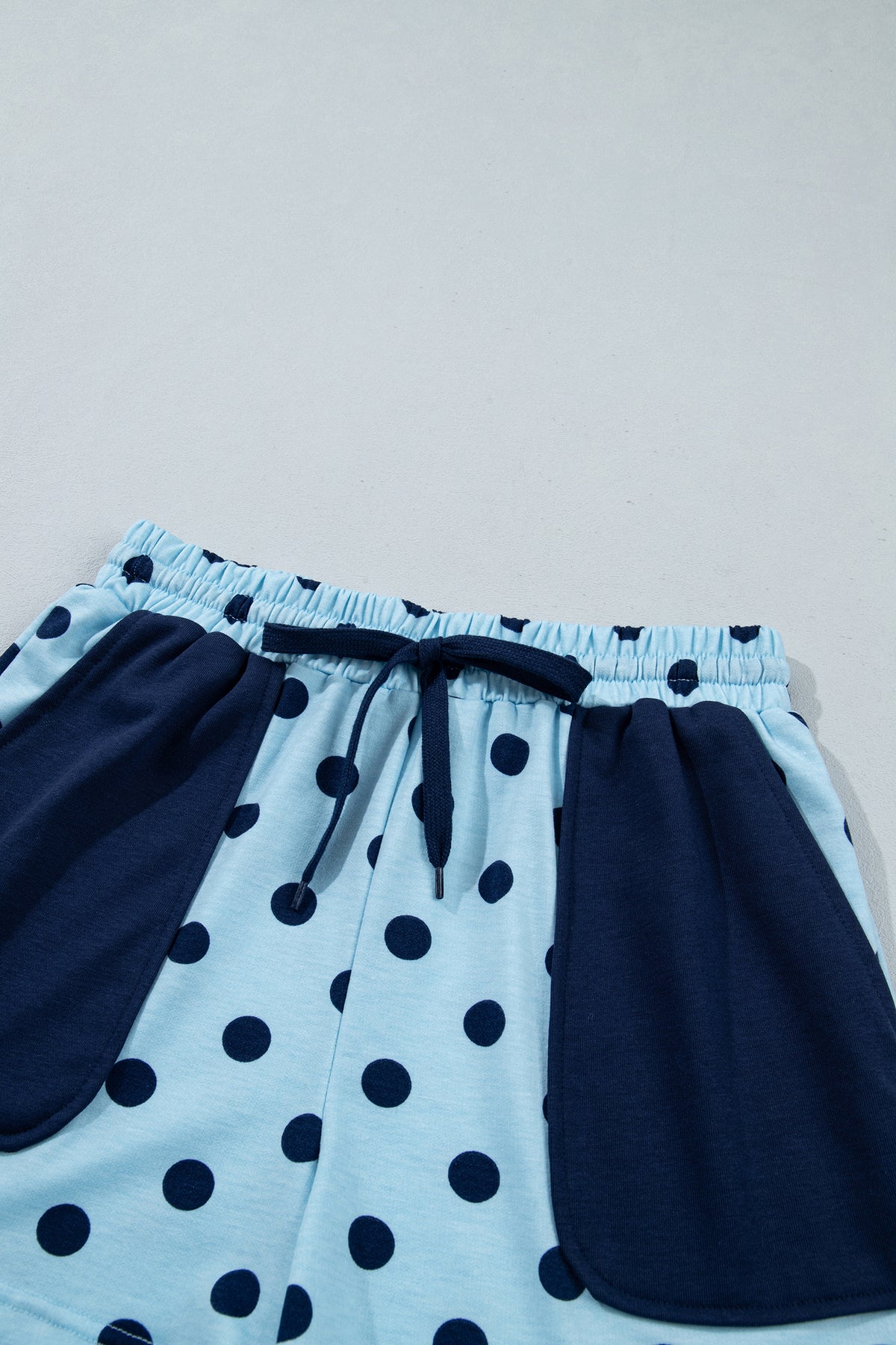 Sky Blue Polka Dot Drop Shoulder Polo Loose Pullover Patch Pocket Casual Shorts Set-Two Piece Sets/Short Sets-[Adult]-[Female]-2022 Online Blue Zone Planet