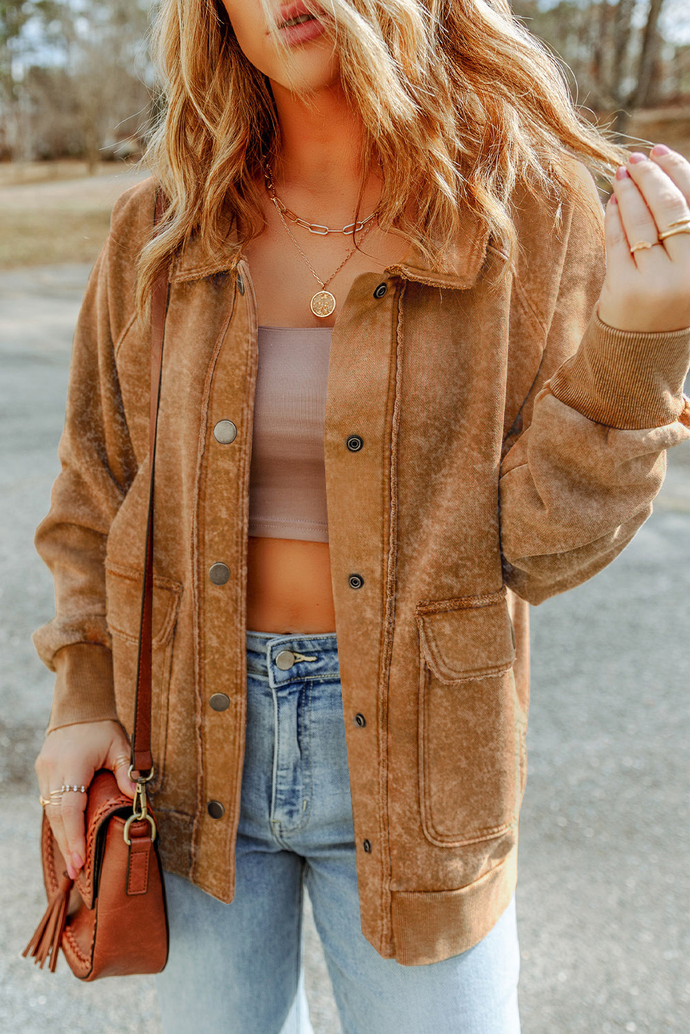 Gray Vintage Washed Flap Pocket Button Shacket-Outerwear/Jackets-[Adult]-[Female]-Khaki-S-2022 Online Blue Zone Planet