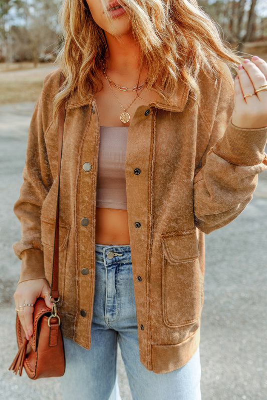 Gray Vintage Washed Flap Pocket Button Shacket-Outerwear/Jackets-[Adult]-[Female]-Khaki-S-2022 Online Blue Zone Planet