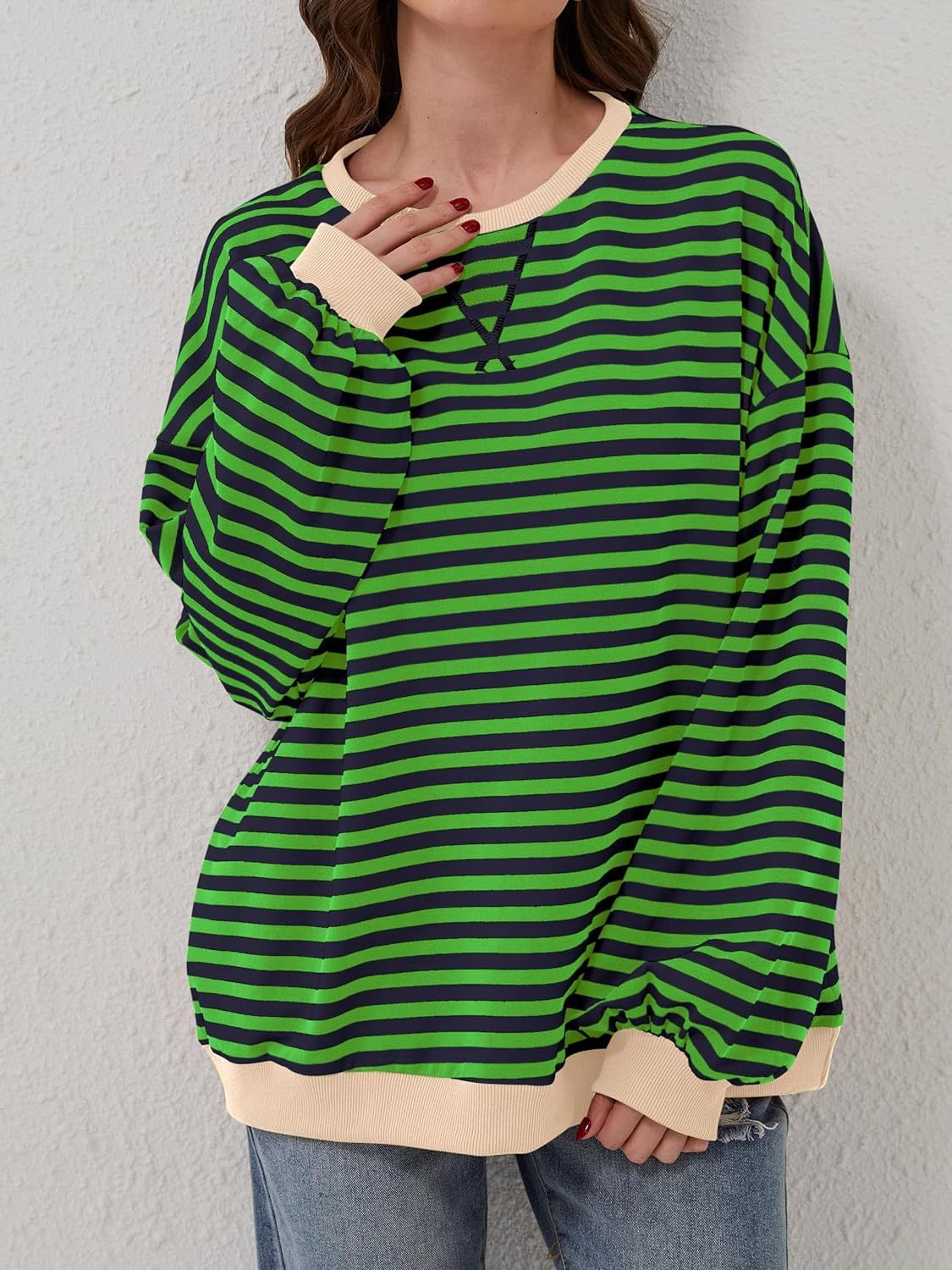 Blue Zone Planet | Lovelet Contrast Striped Long Sleeve Sweatshirt-TOPS / DRESSES-[Adult]-[Female]-Green-S-2022 Online Blue Zone Planet