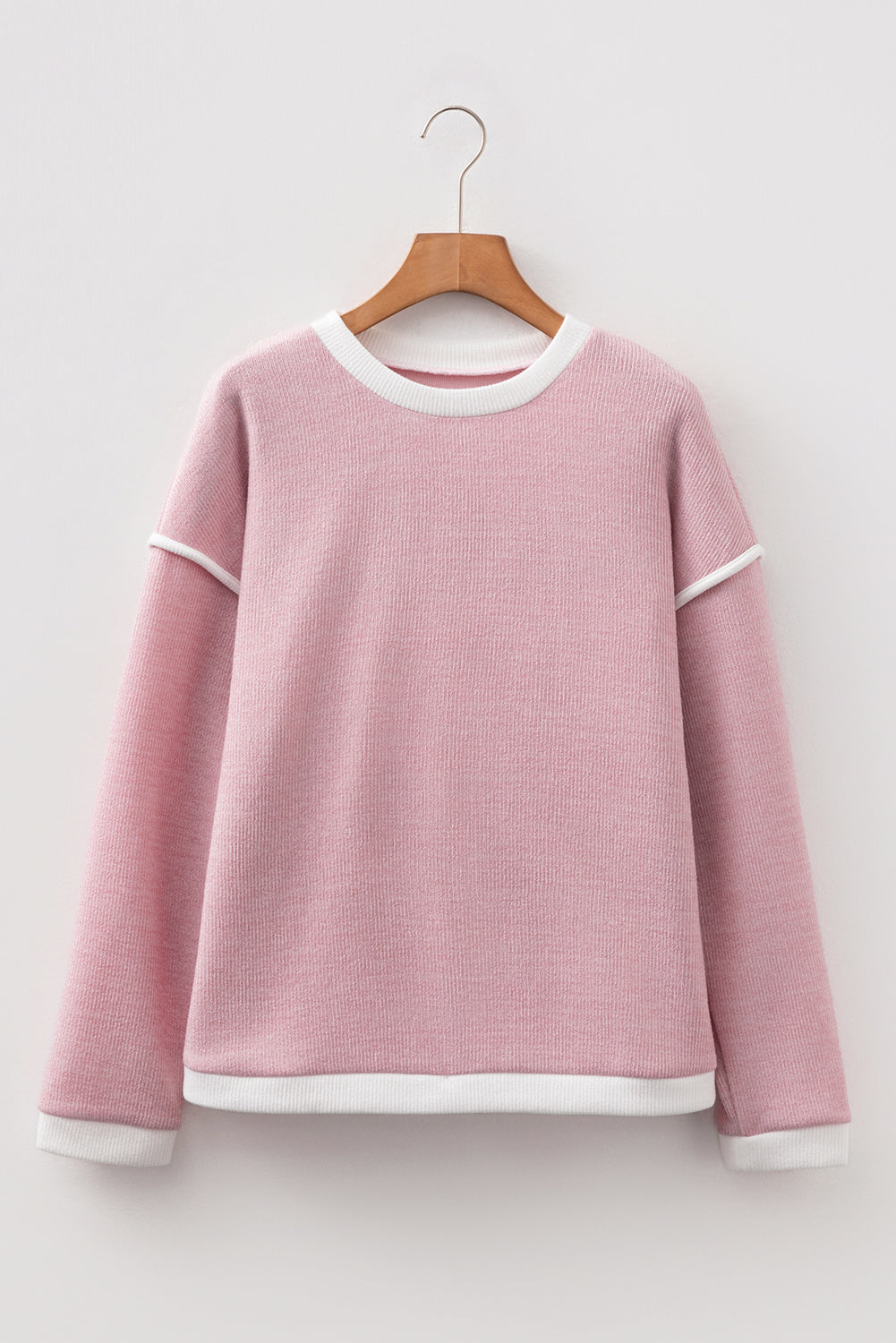 Light Pink Contrast Color Trim Knit Drop Shoulder Loose Top-Tops/Long Sleeve Tops-[Adult]-[Female]-2022 Online Blue Zone Planet
