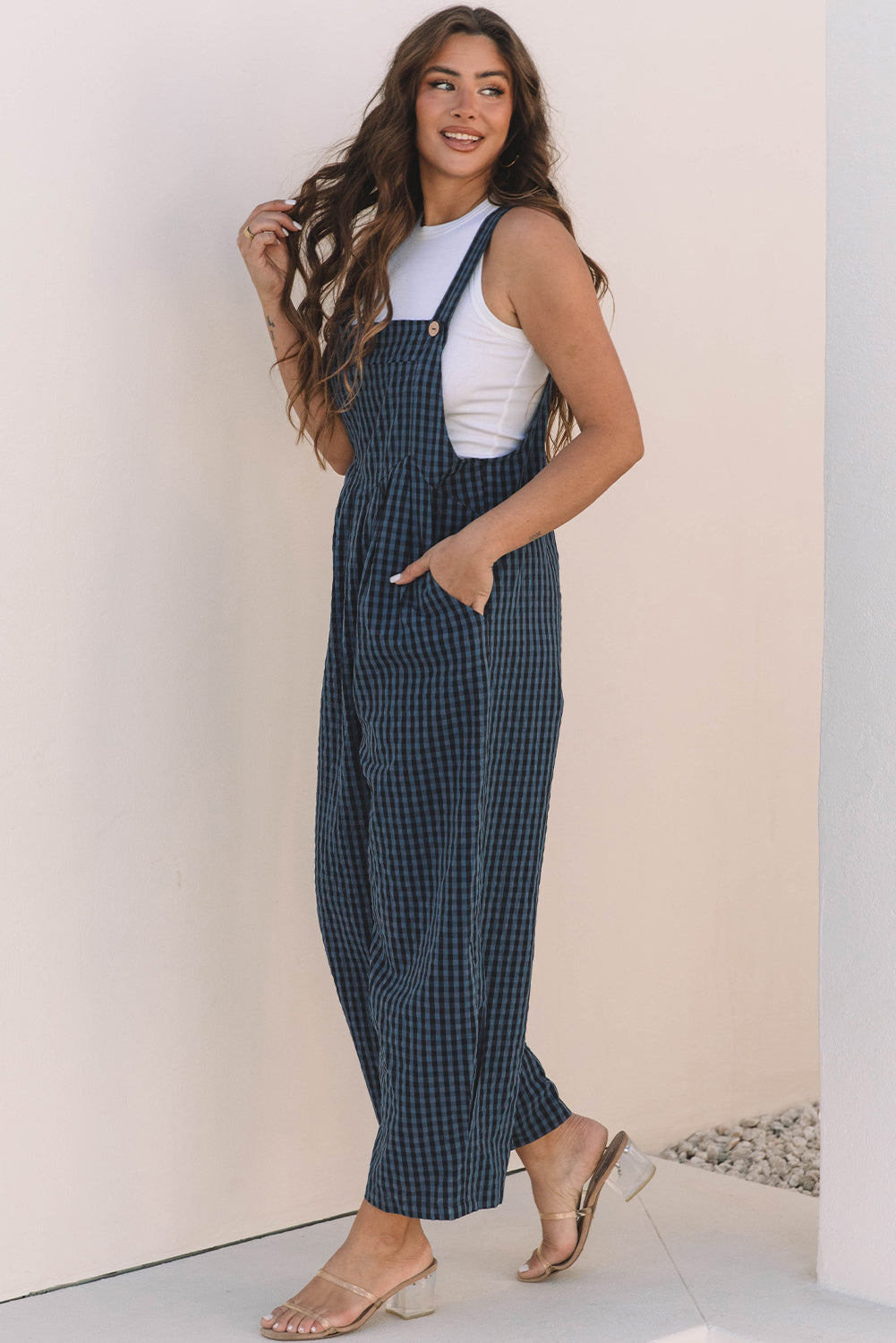 Blue Zone Planet | Sail Blue Plaid Print Buttoned Pocketed High Waist Overall-Bottoms/Jumpsuits & Rompers-[Adult]-[Female]-2022 Online Blue Zone Planet