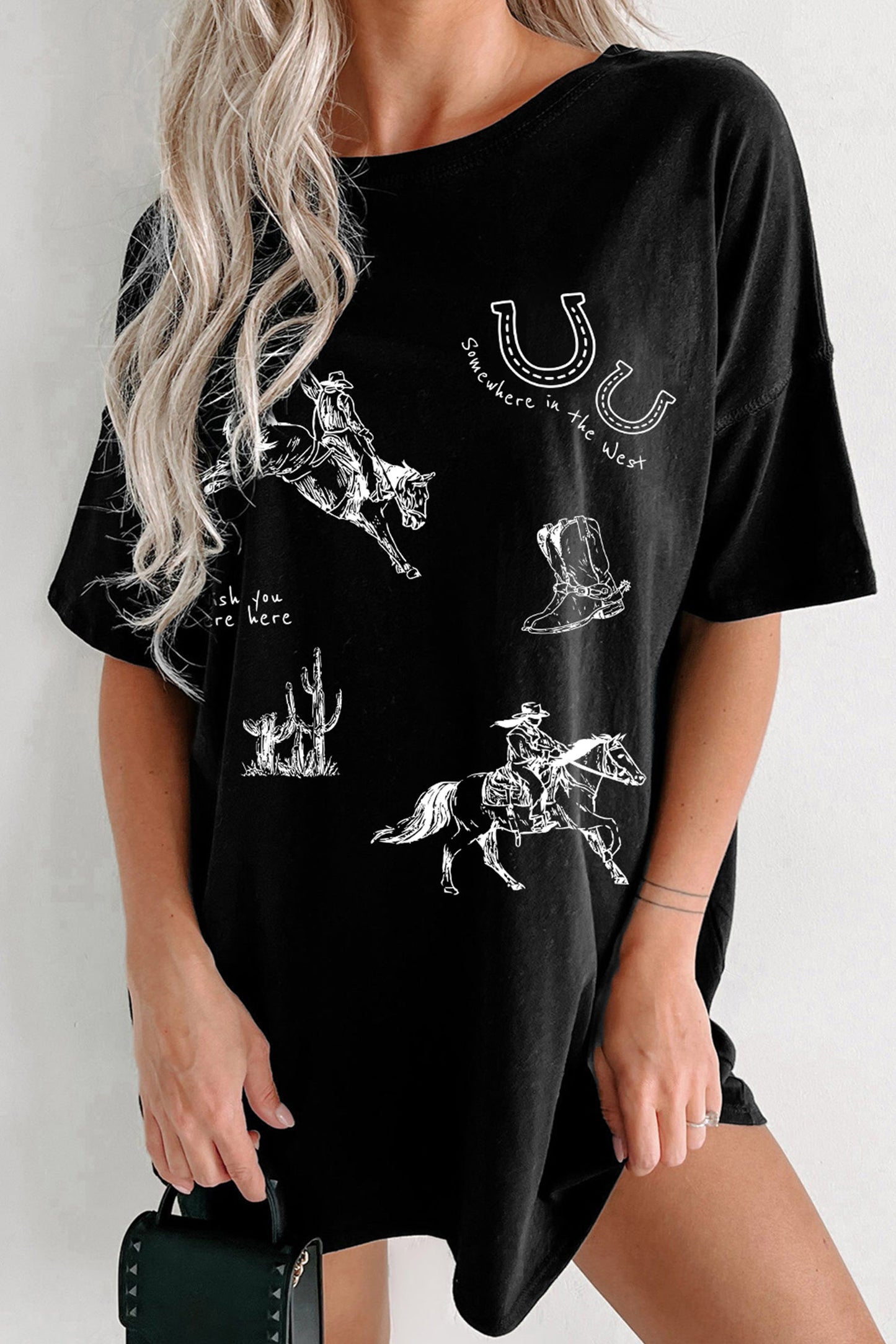 Black Western Cowboy Print Oversized Tunic Tee