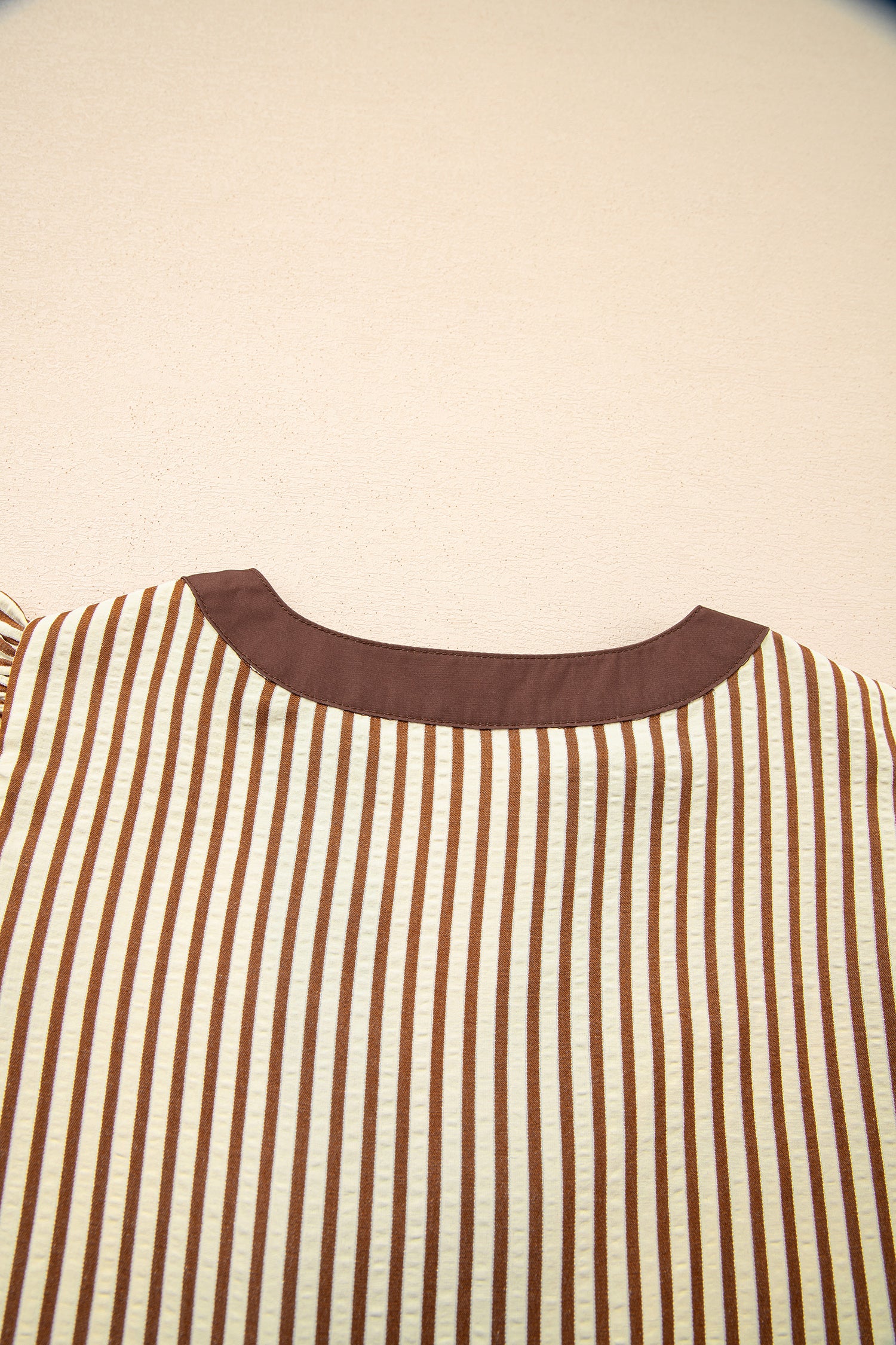 Brown Stripe Double Ruffled Short Sleeve Contrast Trim V Neck Midi Dress-TOPS / DRESSES-[Adult]-[Female]-2022 Online Blue Zone Planet