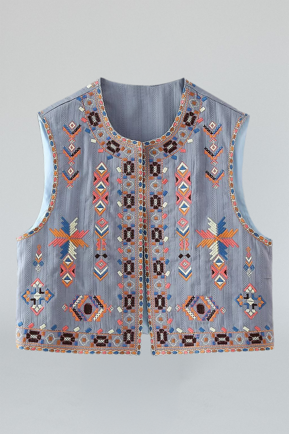 Sky Blue Geometric Embroidered Open Front Vest-Coats-[Adult]-[Female]-2022 Online Blue Zone Planet