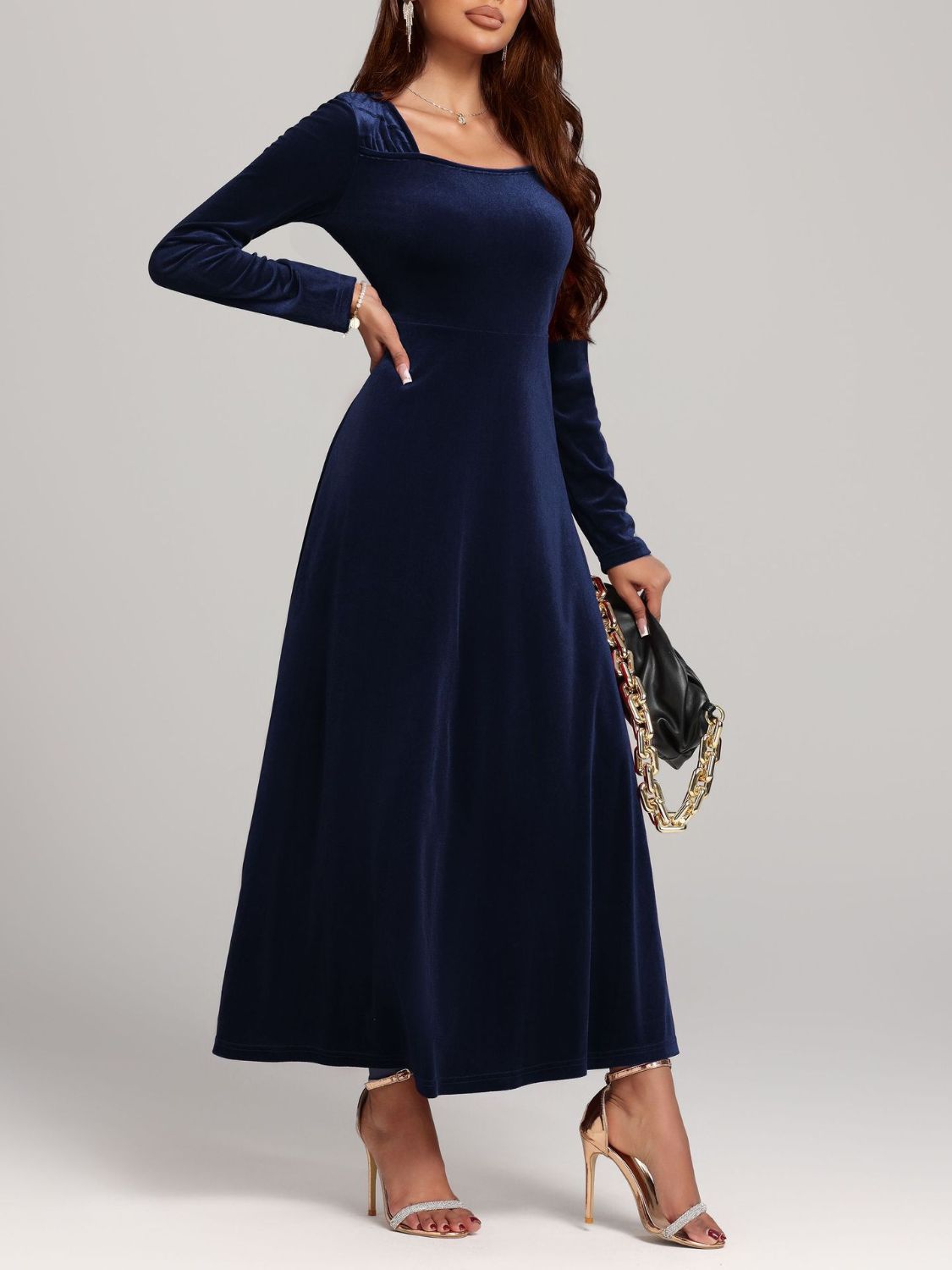 Blue Zone Planet | Square Neck Long Sleeve Velvet Dress-TOPS / DRESSES-[Adult]-[Female]-Navy-S-2022 Online Blue Zone Planet