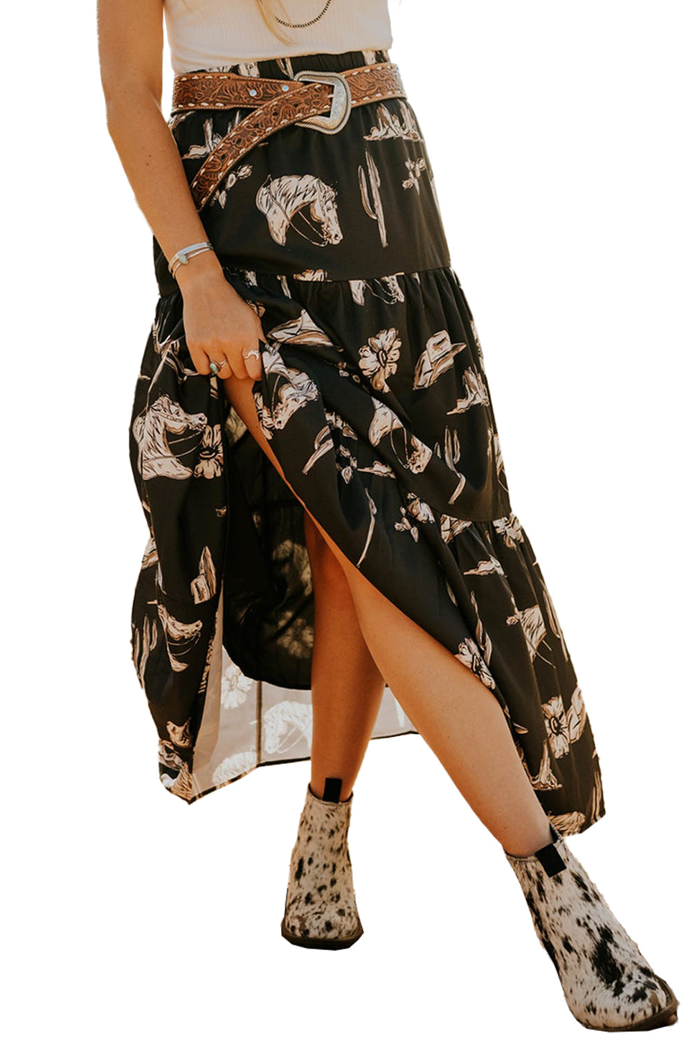 Black Western Print Tiered Ruffled High Waist Maxi Skirt-Bottoms/Skirts & Petticoat-[Adult]-[Female]-2022 Online Blue Zone Planet