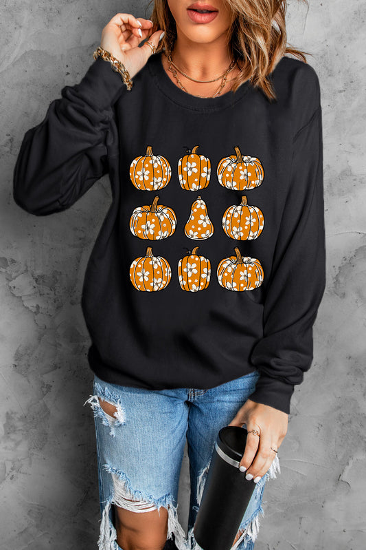 Pumpkin Round Neck Long Sleeve Sweatshirt-TOPS / DRESSES-[Adult]-[Female]-Black-S-2022 Online Blue Zone Planet