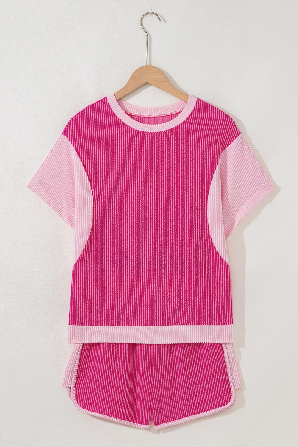 Rose Red 3D Spiral Ribbed Texture 2 Tones Patchwork Short Set-Two Piece Sets/Short Sets-[Adult]-[Female]-2022 Online Blue Zone Planet