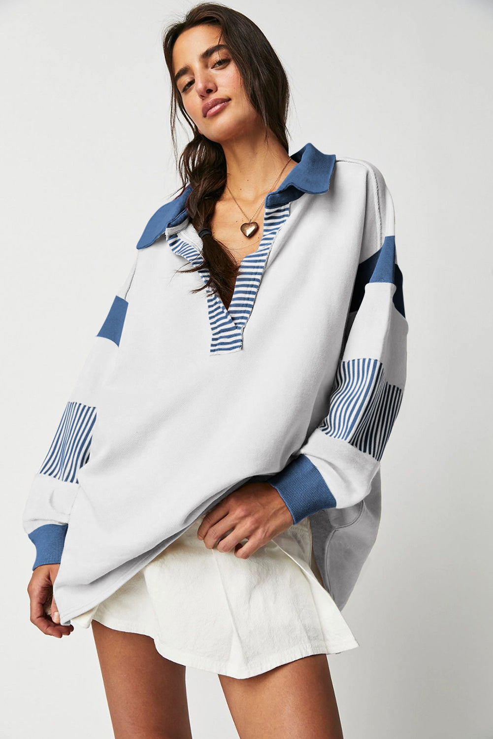 Dark Blue Striped Colorblock Patchwork Collar Sweatshirt-Tops/Sweatshirts & Hoodies-[Adult]-[Female]-2022 Online Blue Zone Planet