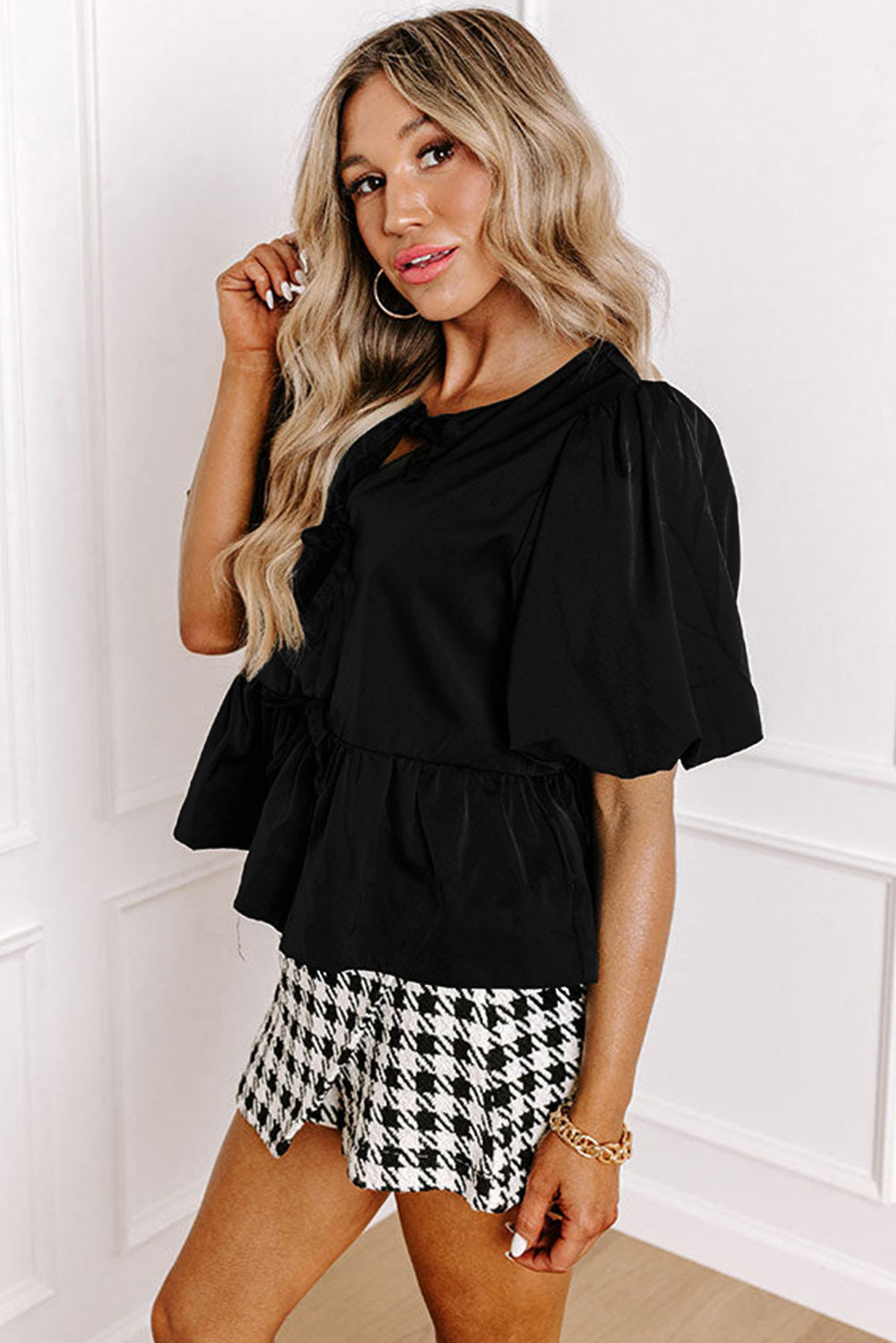 Black Puff Sleeve Bowknot Front Peplum Blouse-Tops/Blouses & Shirts-[Adult]-[Female]-2022 Online Blue Zone Planet