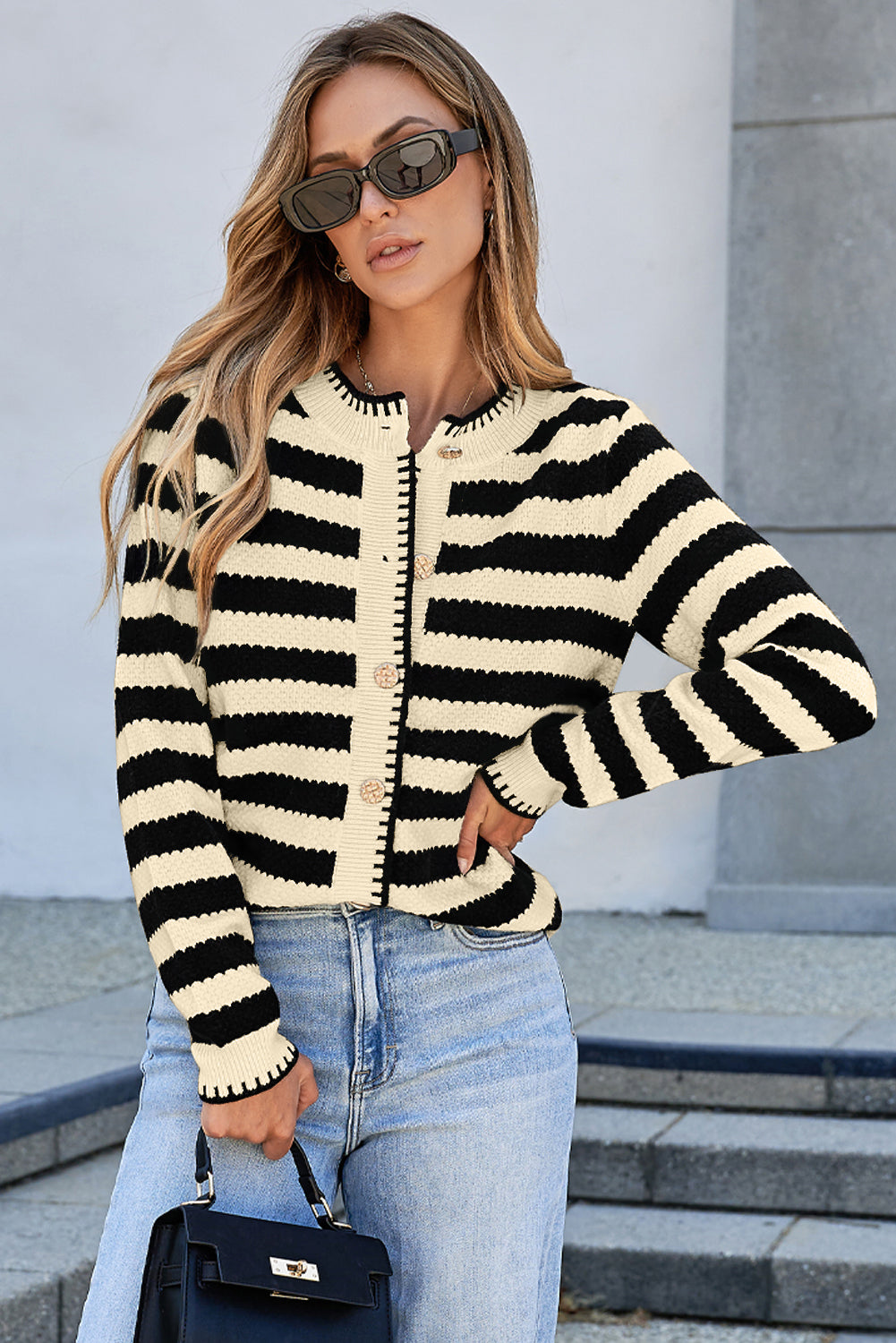 White Stripe Chic Golden Button Cardigan Sweater-Sweaters & Cardigans/Cardigans-[Adult]-[Female]-2022 Online Blue Zone Planet