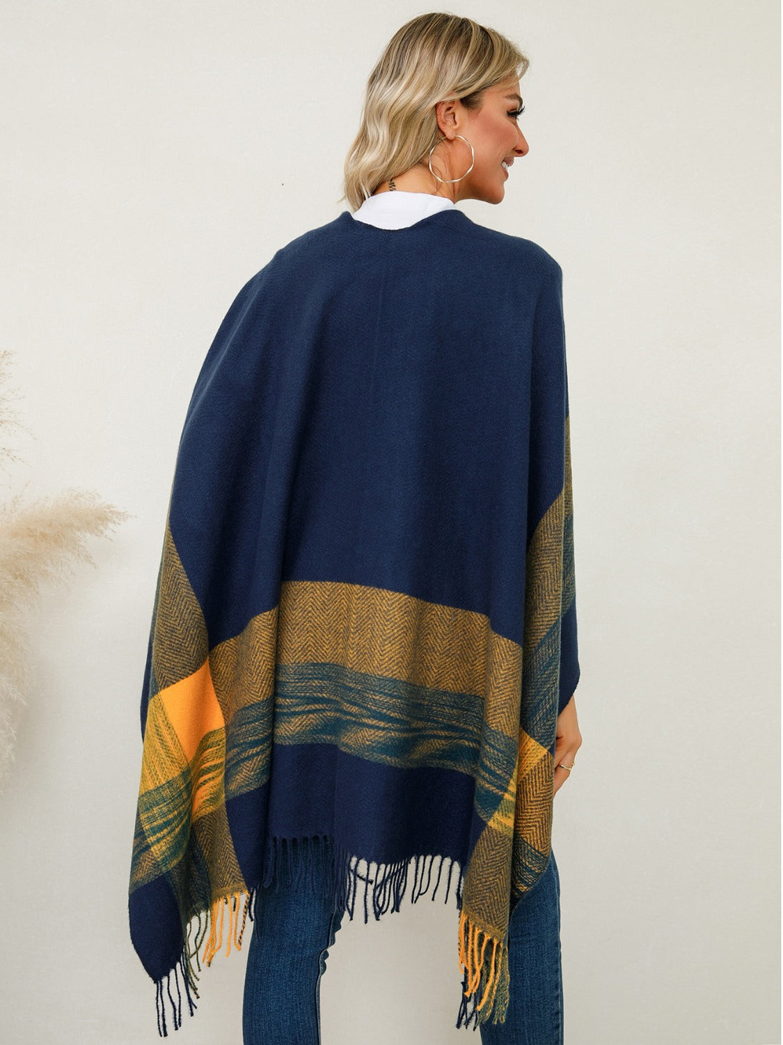 Fringe Contrast Plaid Poncho-TOPS / DRESSES-[Adult]-[Female]-2022 Online Blue Zone Planet