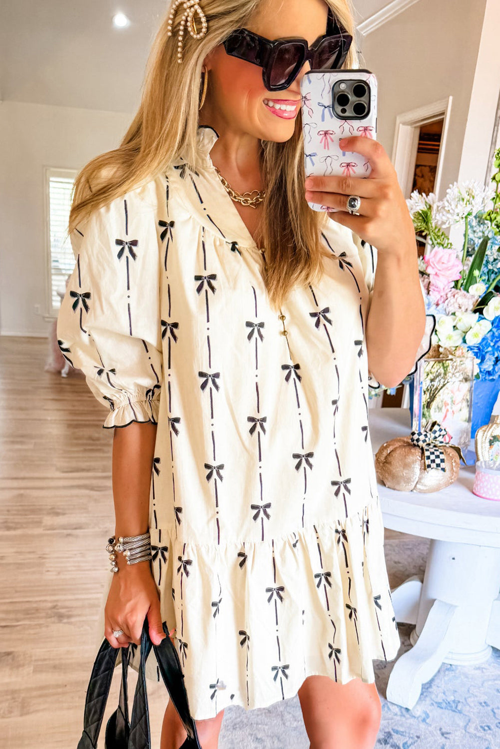 Blue Zone Planet | Beige Cute Bowknot Printed Bubble Sleeve V Neck Mini Dress-TOPS / DRESSES-[Adult]-[Female]-2022 Online Blue Zone Planet