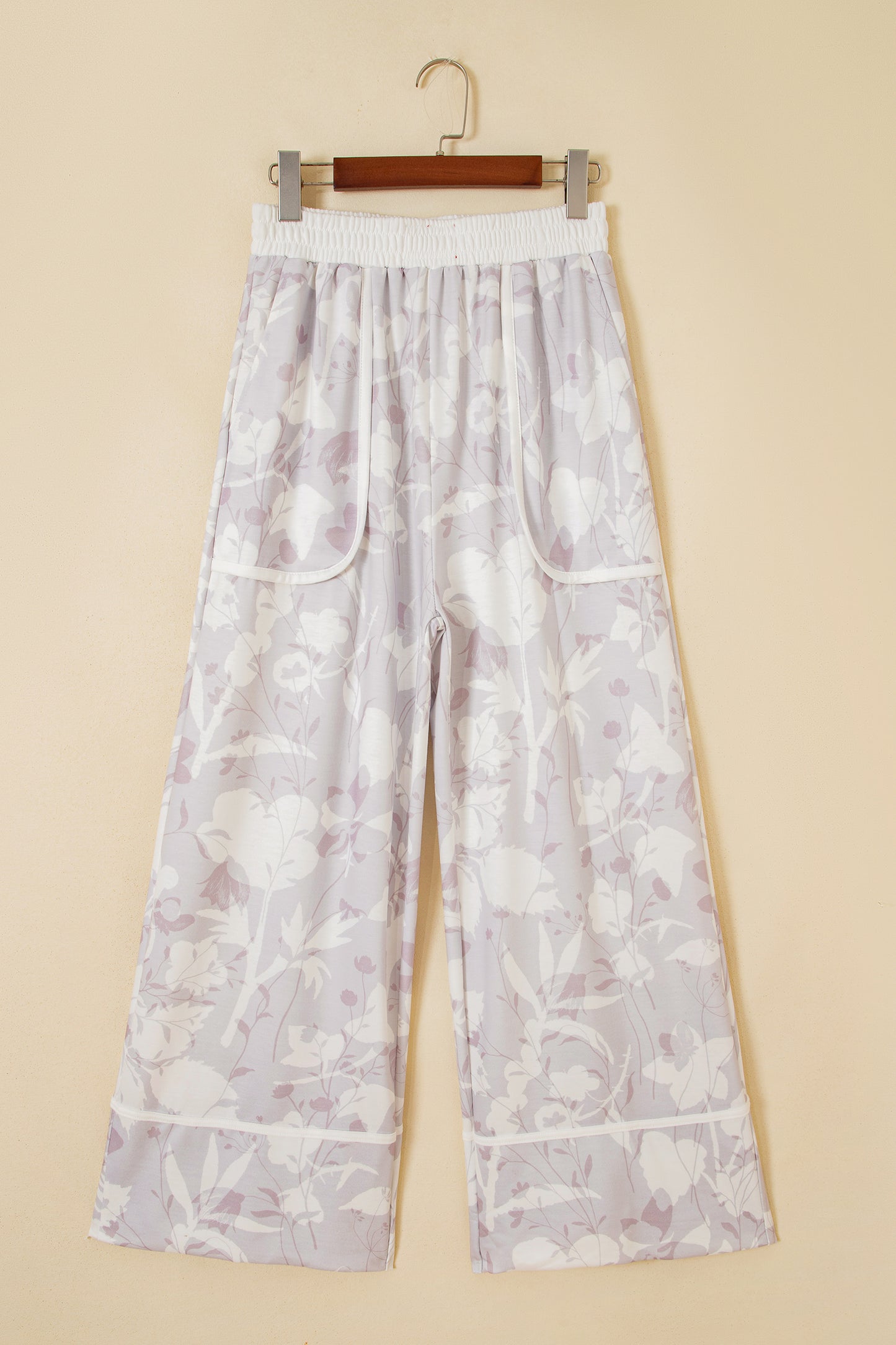 Gray Floral Print Wide Leg Ankle-Length Elastic Waistband Pants-Bottoms/Pants & Culotte-[Adult]-[Female]-2022 Online Blue Zone Planet