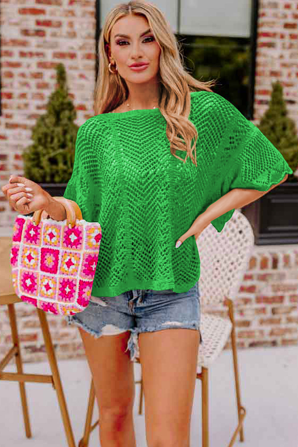 Rose Red Pointelle Knit Scallop Edge Short Sleeve Top-Sweaters & Cardigans/Short Sleeve Sweaters-[Adult]-[Female]-2022 Online Blue Zone Planet