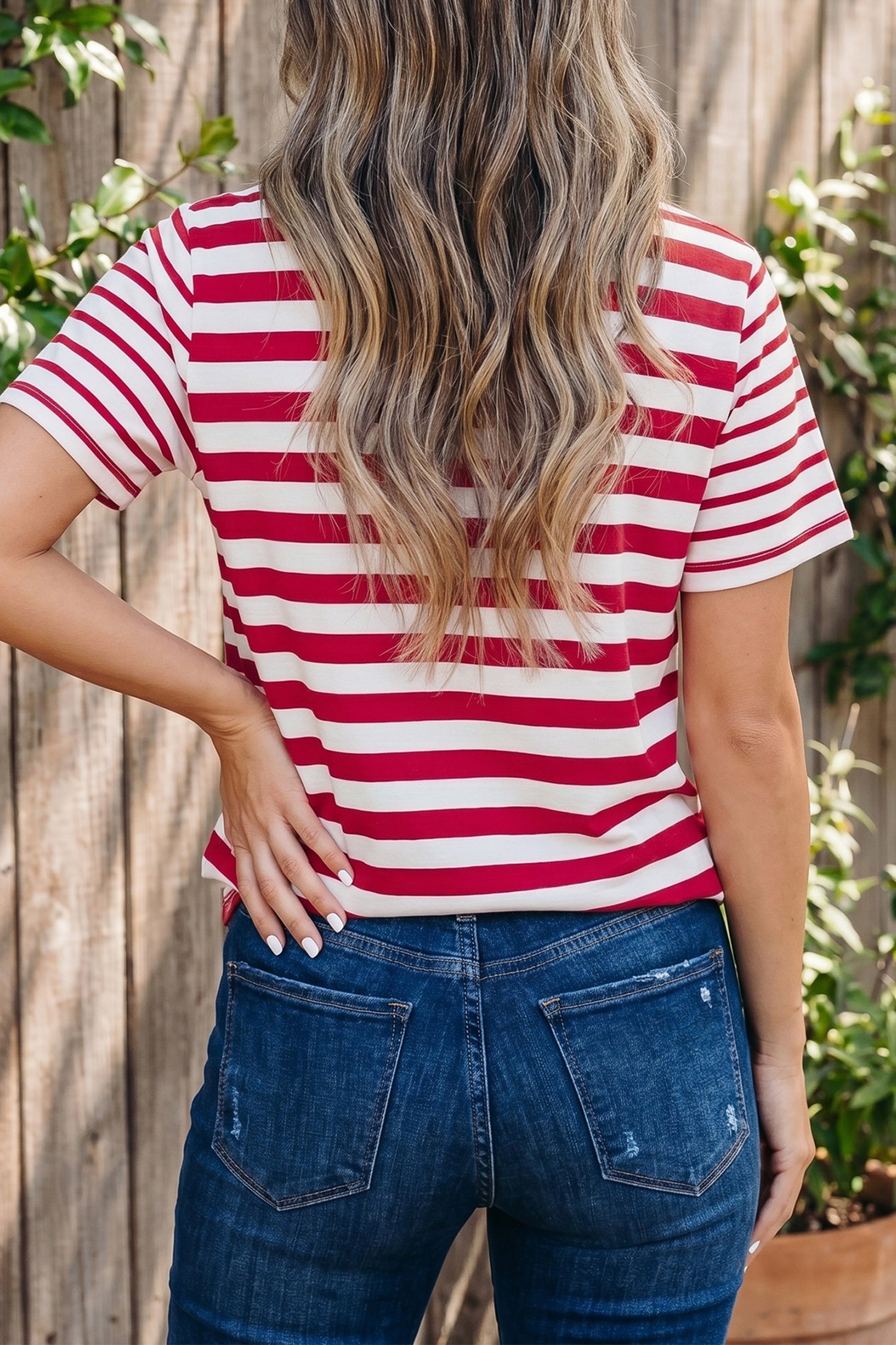 Red Stripe Patchwork Round Neck T Shirt-Tops/Tops & Tees-[Adult]-[Female]-2022 Online Blue Zone Planet