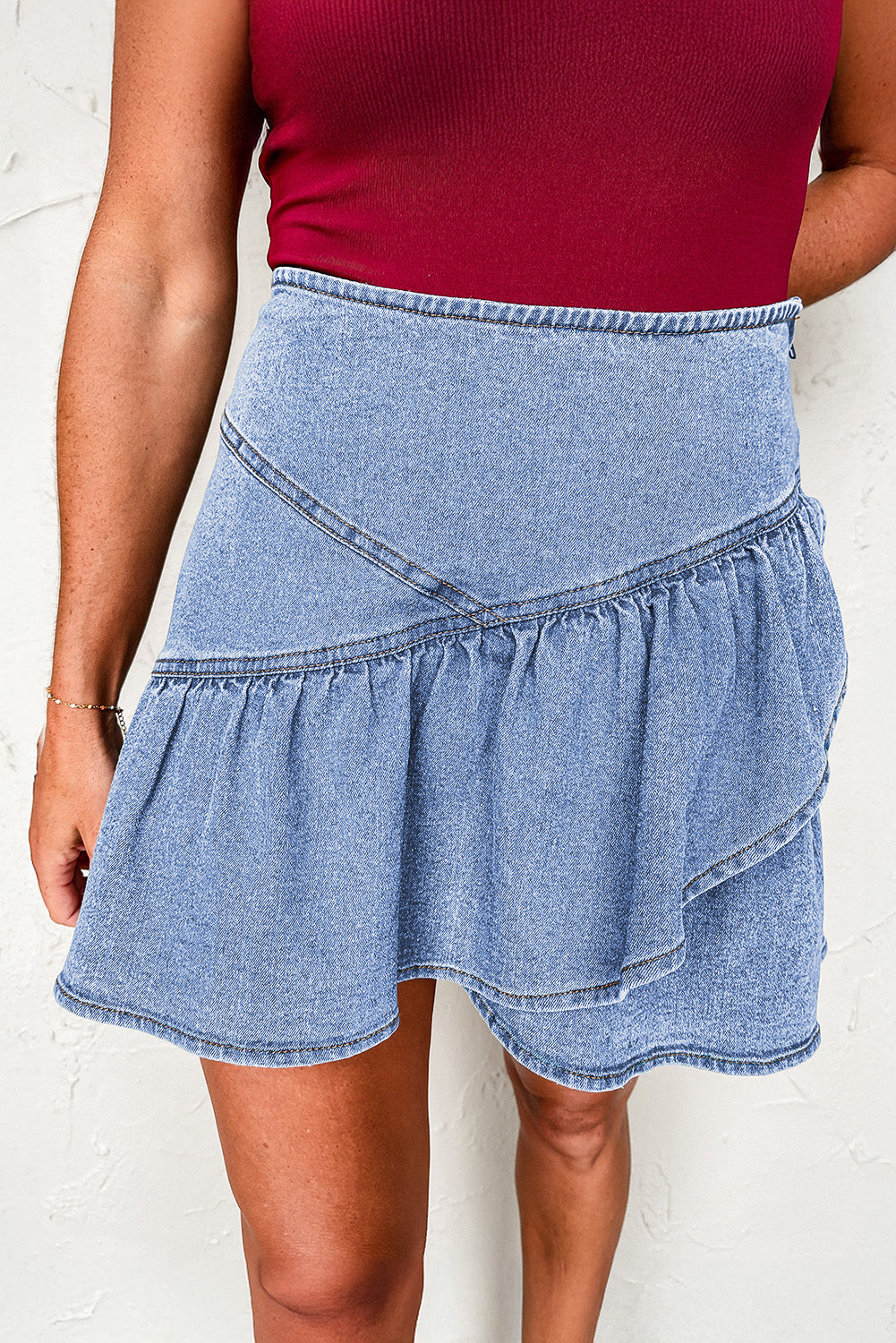 Beau Blue Asymmetric Ruffle Overlay Denim Mini Skirt-Bottoms/Skirts & Petticoat-[Adult]-[Female]-Beau Blue-S-2022 Online Blue Zone Planet