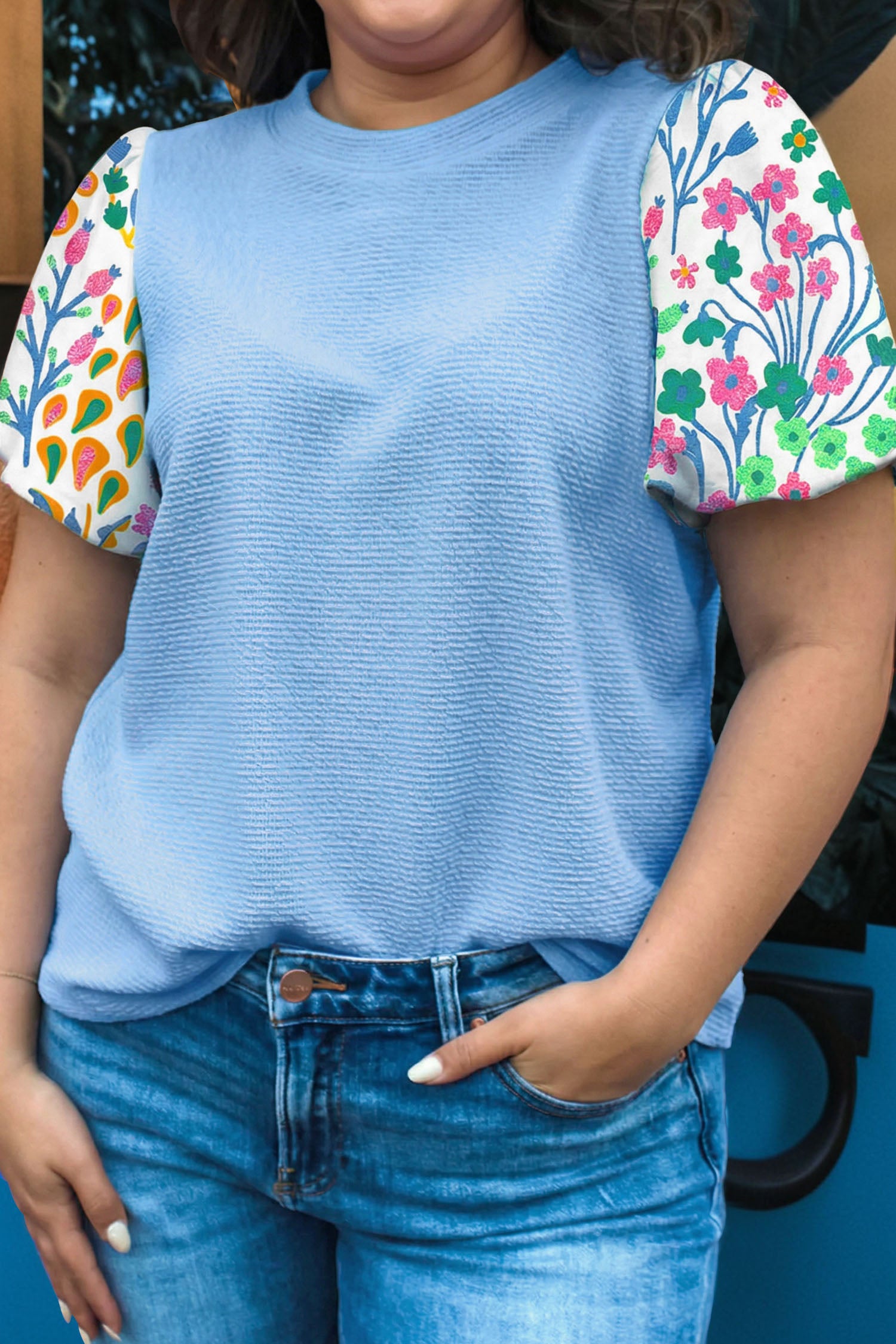 Light Blue Textured Bodice Contrast Floral Sleeve Plus Size Top-Plus Size/Plus Size Tops/Plus Size Blouses & Shirts-[Adult]-[Female]-Light Blue-1X-2022 Online Blue Zone Planet