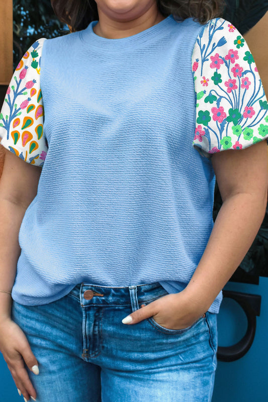 Light Blue Textured Bodice Contrast Floral Sleeve Plus Size Top-Plus Size/Plus Size Tops/Plus Size Blouses & Shirts-[Adult]-[Female]-Light Blue-1X-2022 Online Blue Zone Planet